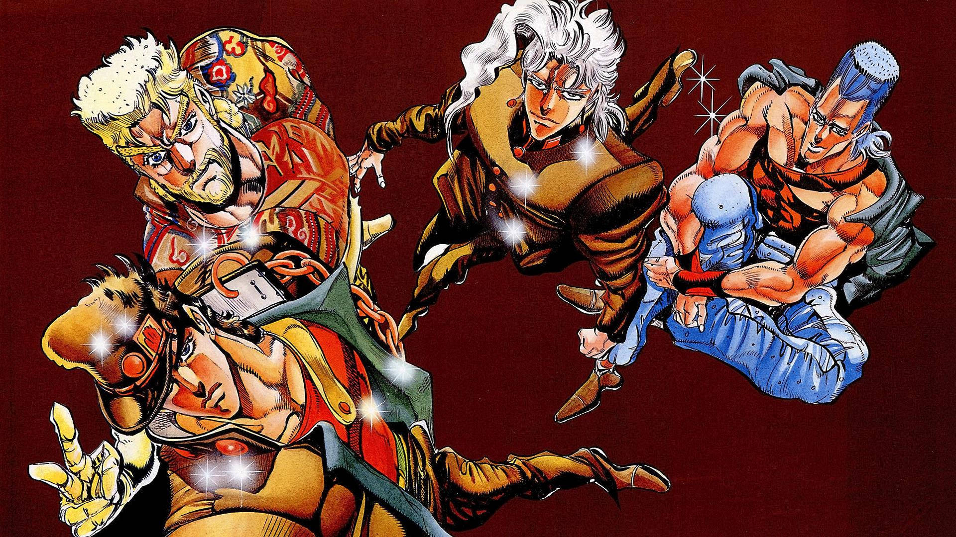 jojo 4K 桌布 壁紙 — 四個肌肉發達的動漫角色在深紅色背景上擺出動態戰鬥姿勢，伴隨著閃爍的光芒。