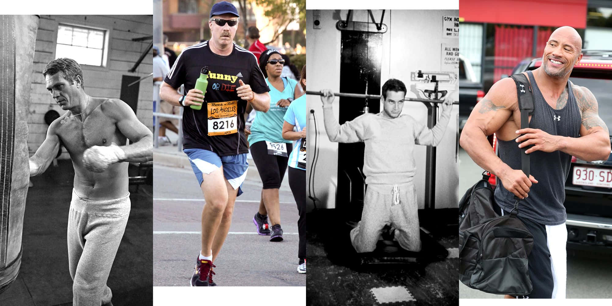 Exercise 桌布 壁紙 — 四個肌肉發達的男人在各種健身環境中：拳擊、跑步、舉重和拿著健身袋擺姿勢。