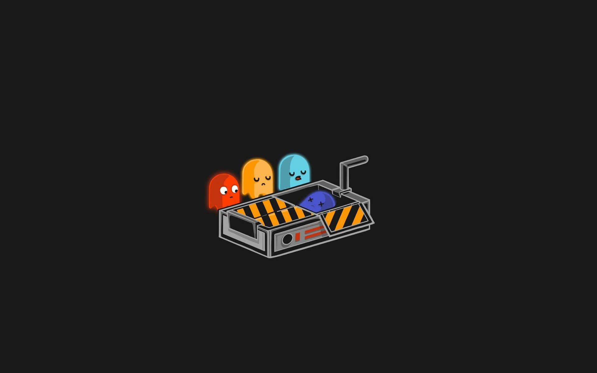 魔鬼剋星 桌布 壁紙 — 四個色彩繽紛的 Pac-Man 鬼魂坐在黑色背景前的一部小型工業機器內，看起來很疲倦。