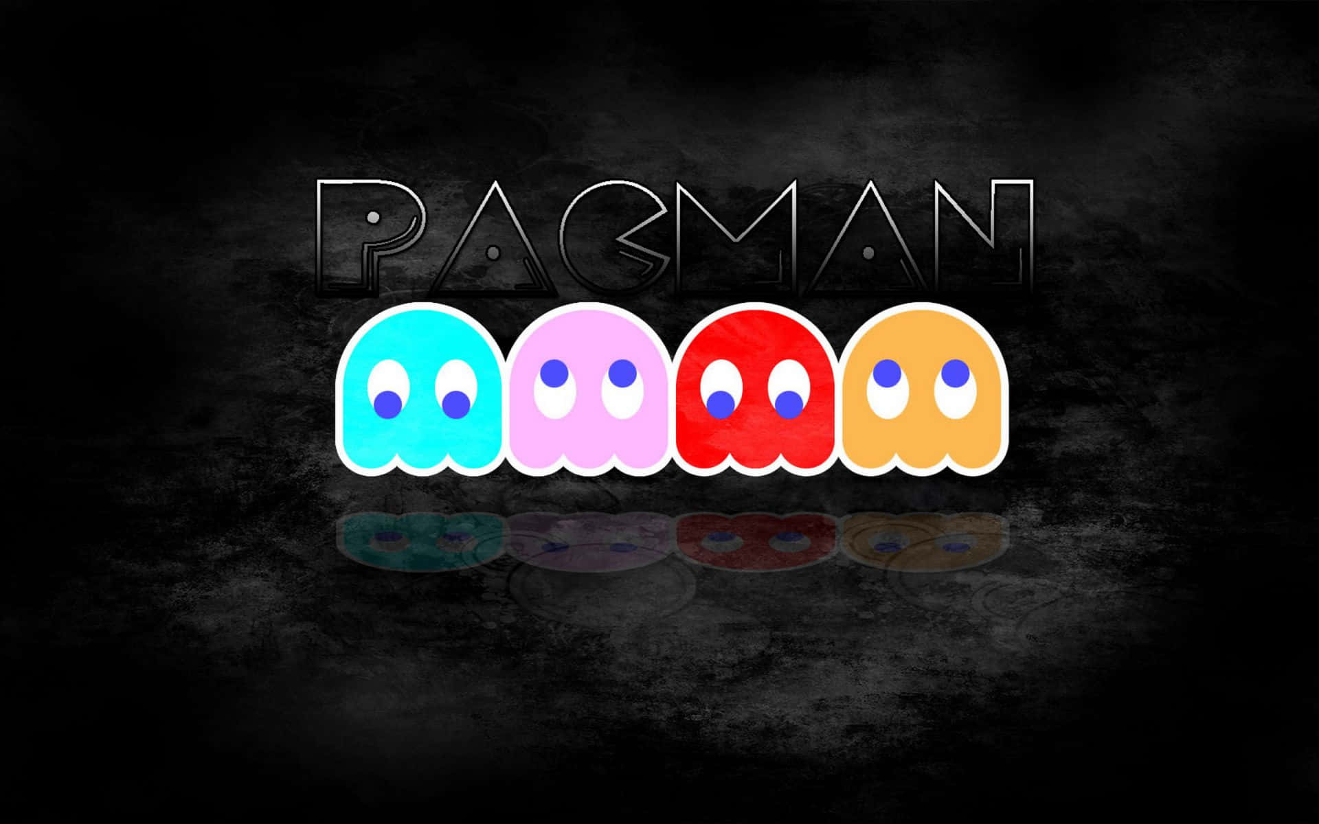 HD Pacman 桌布 壁紙 — 四個色彩繽紛的 Pac-Man 鬼魂漂浮在發光的 Pac-Man 標誌下方，背景為深色紋理。