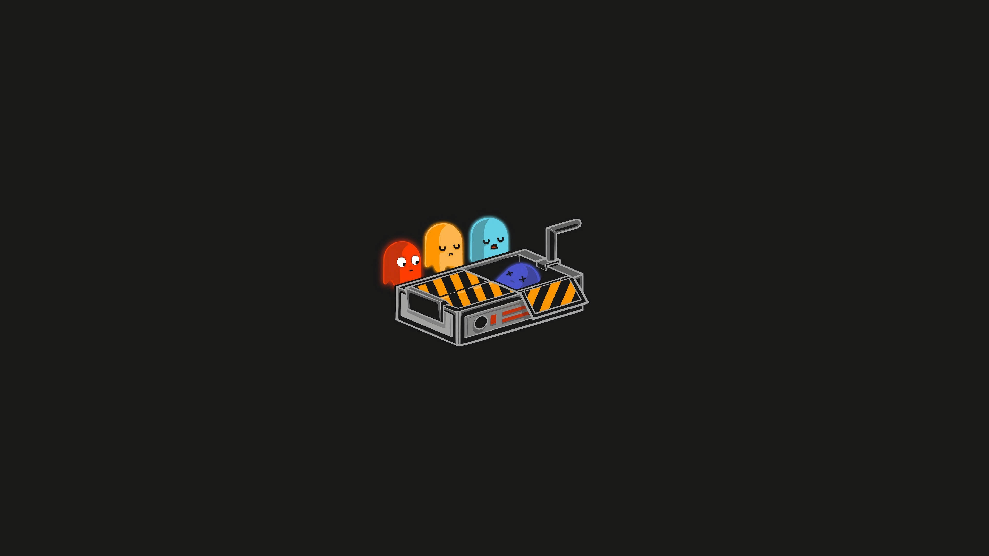 Clean 桌布 壁紙 — 四個色彩繽紛的 Pac-Man 鬼魂安靜地坐在深色背景下的條紋工業手推車中。
