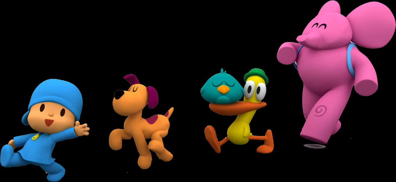 pocoyo 桌布 壁紙 — 四個色彩繽紛的3D卡通角色在黑色背景上歡快地奔跑。