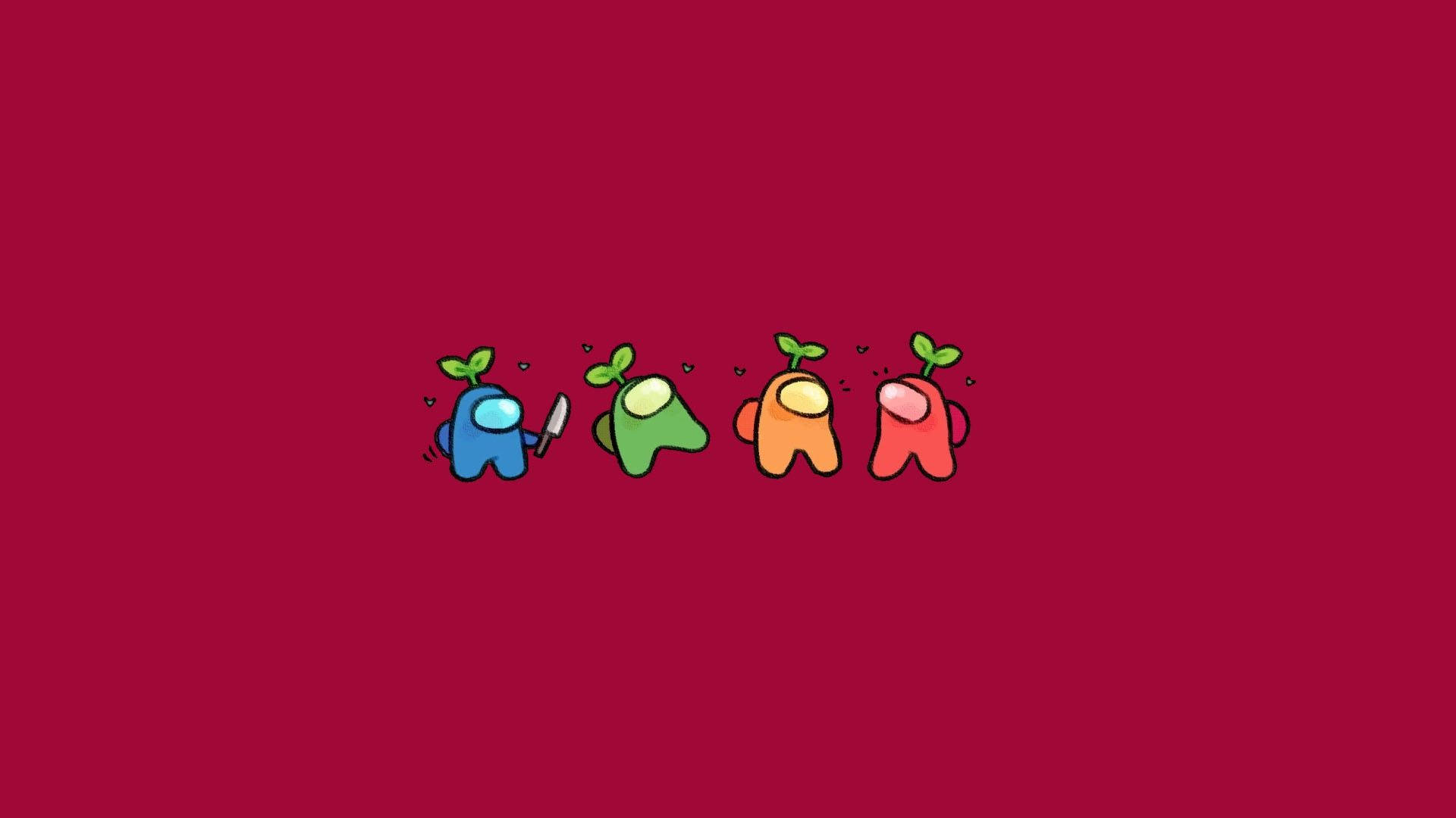 game 桌布 壁紙 — 四個色彩繽紛的Among Us角色頭上有嫩芽，排成一排，背景為純栗色。