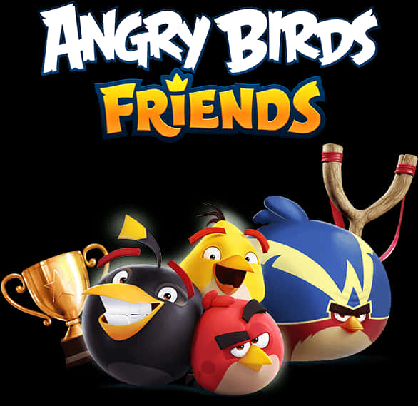 Angry Birds 桌布 壁紙 — 四個色彩繽紛的Angry Birds角色在黑色背景前愉快地擺姿勢，手持獎盃和彈弓。