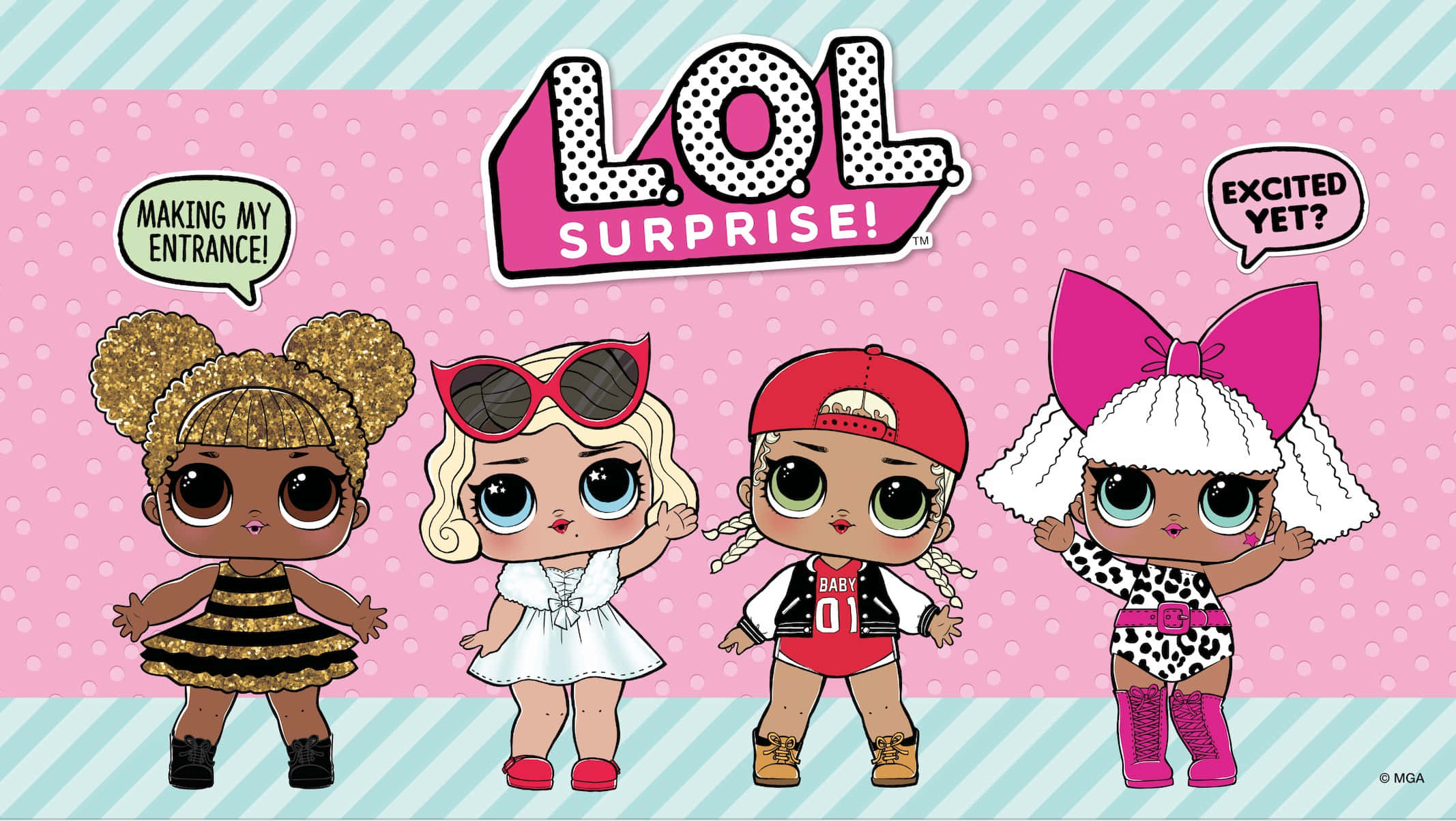LOL Surprise 桌布 壁紙 — 四個色彩繽紛的LOL Surprise公仔穿著俏皮服裝，在粉紅色圓點背景和對話氣泡前擺姿勢。