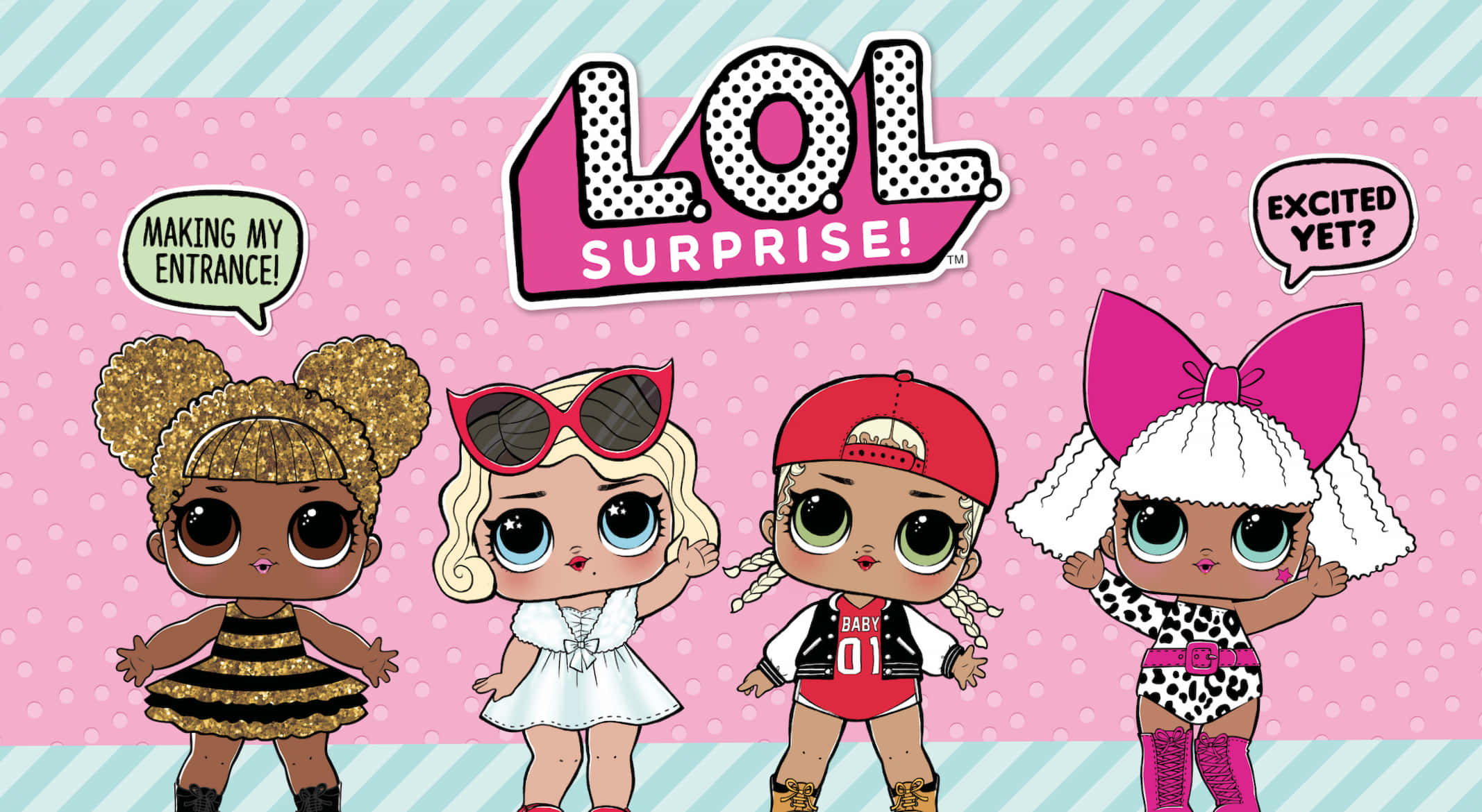 LOL Surprise 桌布 壁紙 — 四個色彩繽紛的LOL Surprise公仔，大眼睛，姿勢活潑，背景是粉紅色圓點。