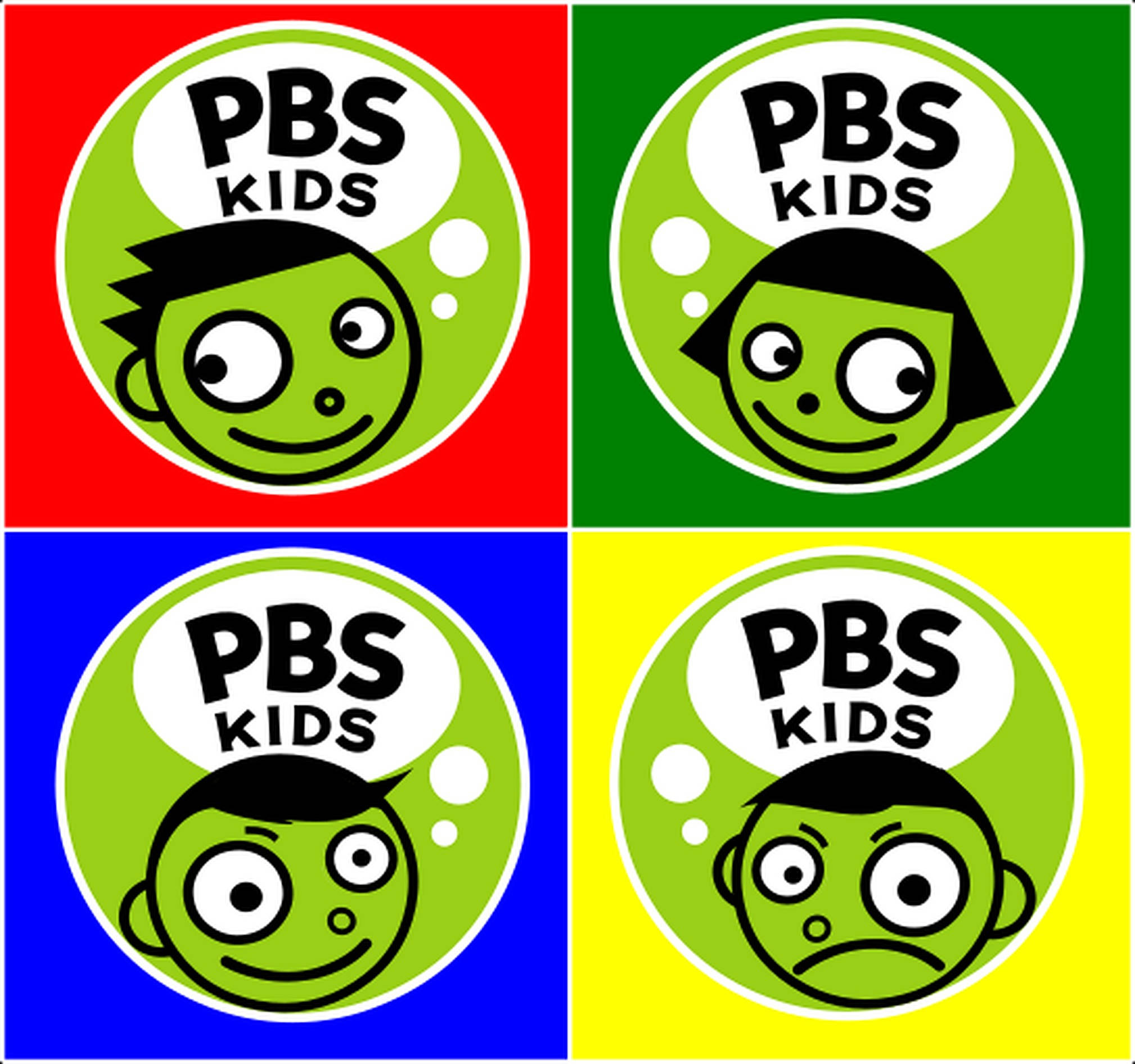 Pbs 桌布 壁紙 — 四個色彩繽紛的PBS Kids標誌，每個標誌均以純色背景上帶有不同表情的綠色卡通兒童面孔為特色。