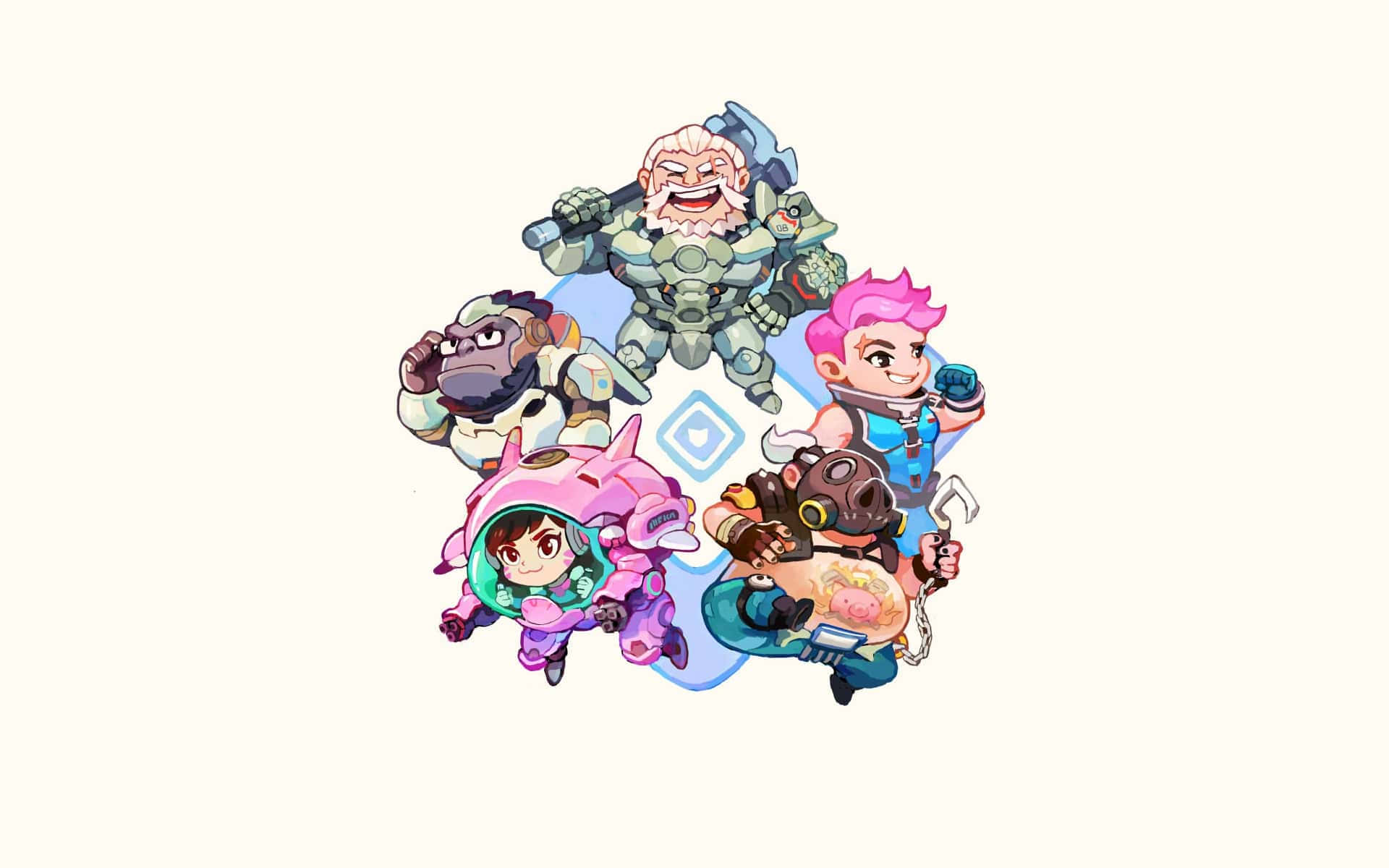 Overwatch Roadhog 桌布 壁紙 — 四個色彩繽紛的Q版遊戲角色穿著未來風格裝備，在純色背景上動態擺姿勢。