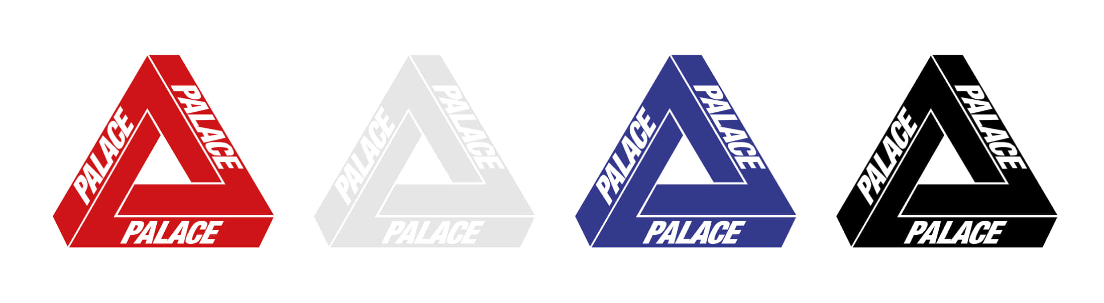 桌布 壁紙 — 四個色彩繽紛的不可能三角形標誌，帶有「PALACE」文字，水平排列在白色背景上。