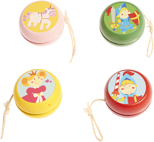 Toy 桌布 壁紙 — 四個色彩繽紛的兒童溜溜球，上面有卡通公主、獨角獸、騎士和水手角色，背景為黑色。
