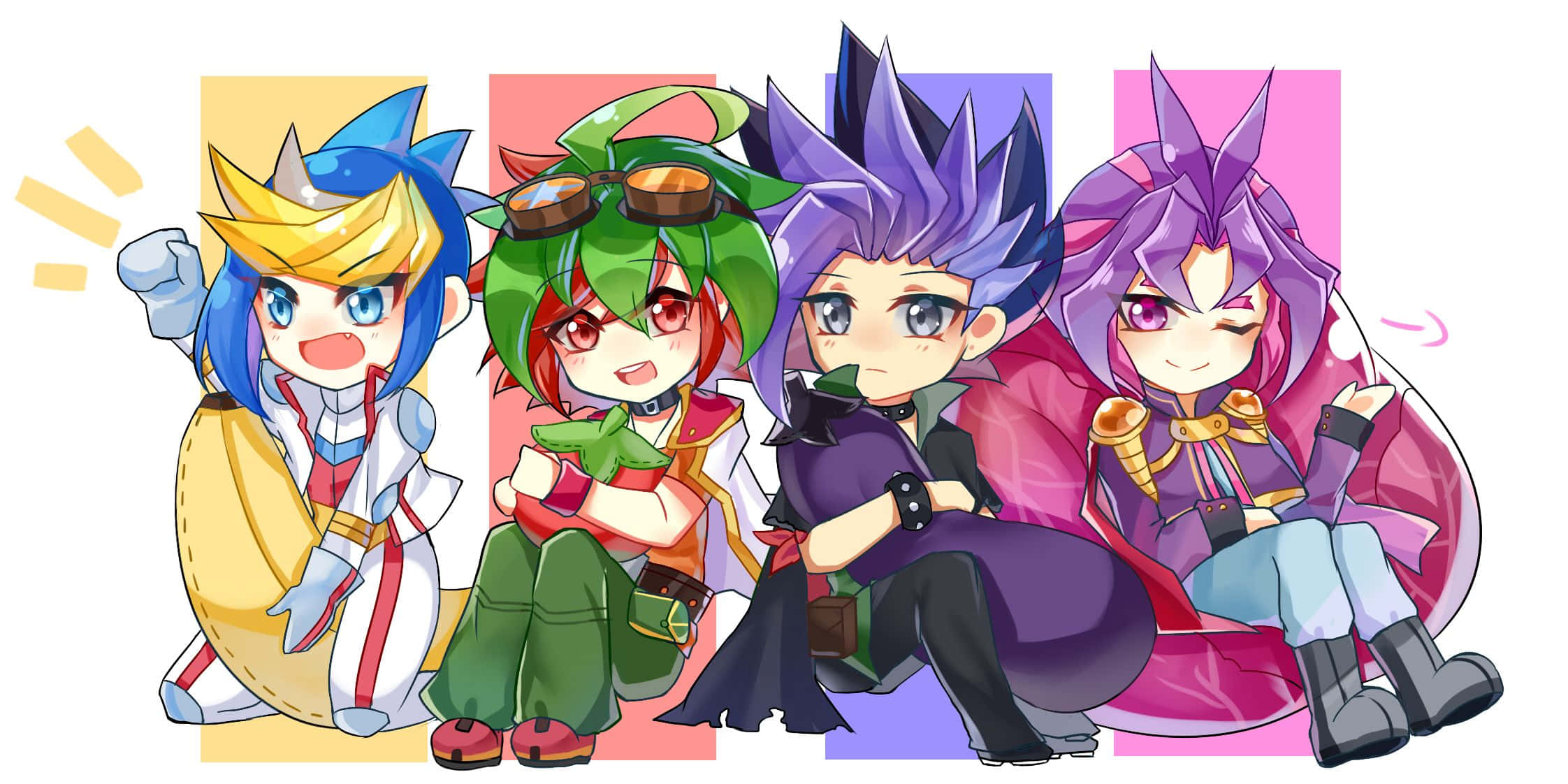 Yu-gi-oh Yugo 桌布 壁紙 — 四個色彩繽紛的動漫Q版角色，頭髮和服裝鮮豔，在粉彩背景塊前開心地擺姿勢。