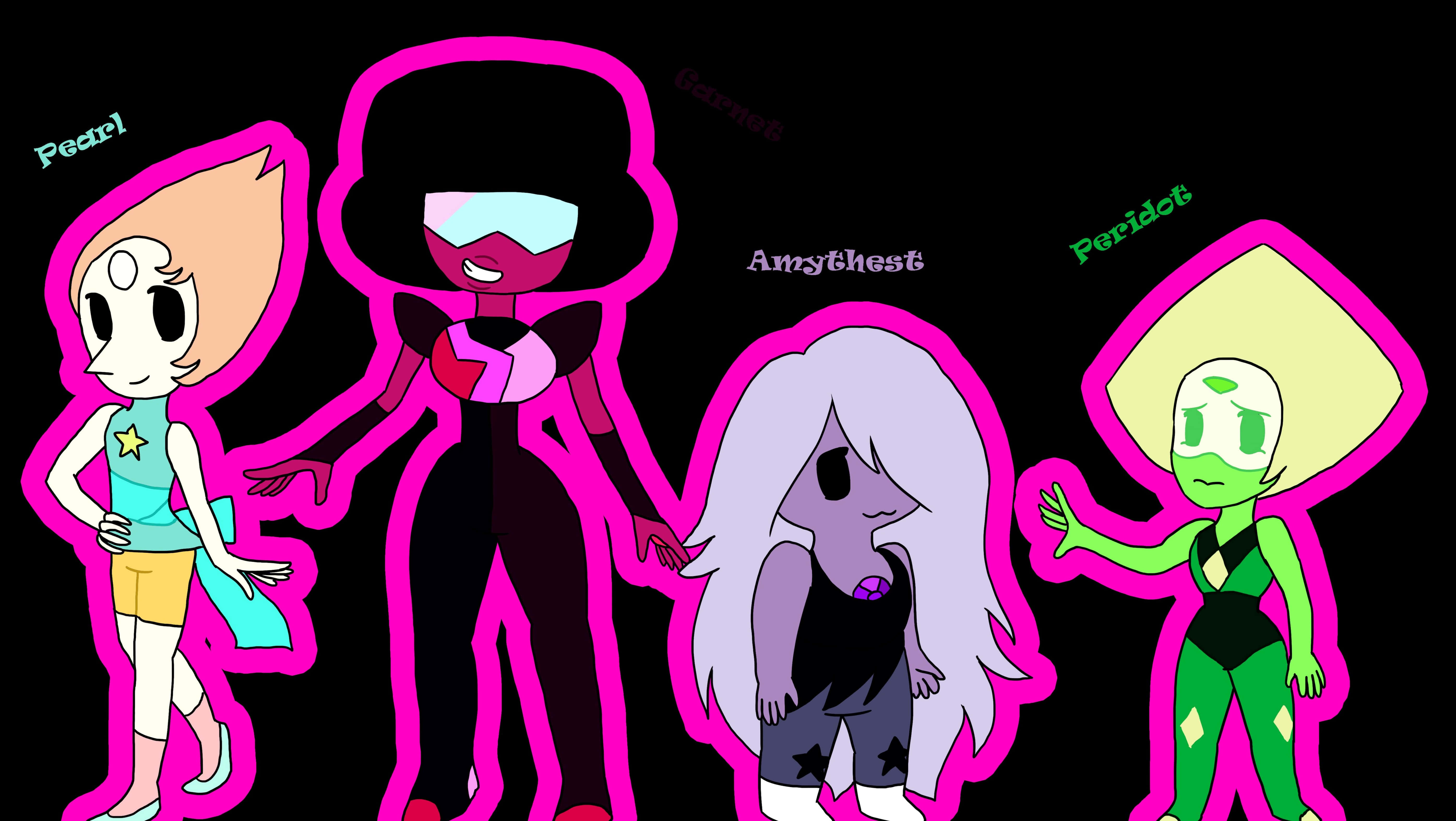 Steven Universe iPad 桌布 壁紙 — 四個色彩繽紛的動漫風格寶石角色，帶有粉紅色輪廓，站在黑色背景上，每個都標有名字。