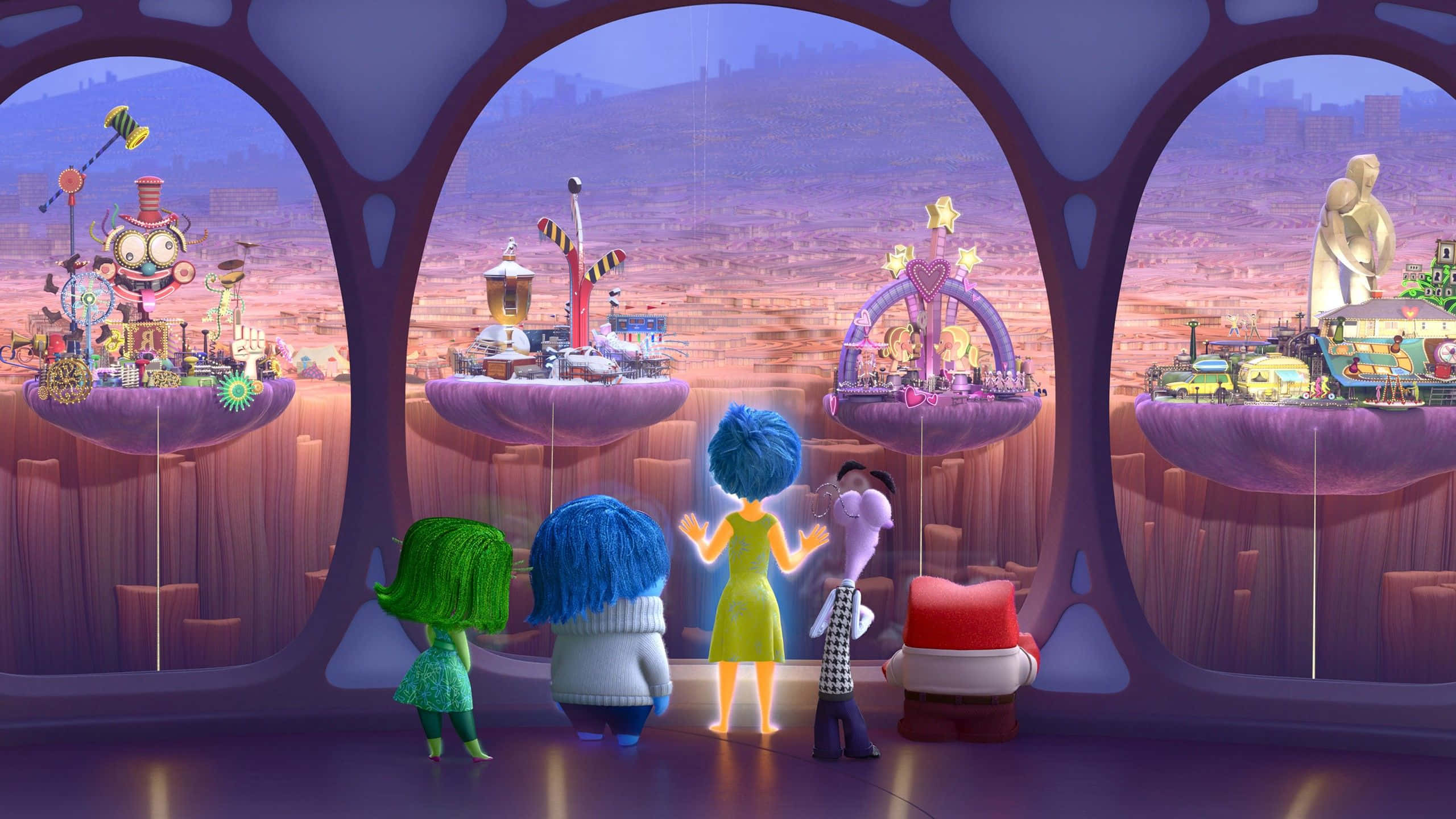 Inside Out 桌布 壁紙 — 四個色彩繽紛的動畫角色透過弧形窗戶凝視著漂浮的島嶼，展示奇幻的幻想風景。