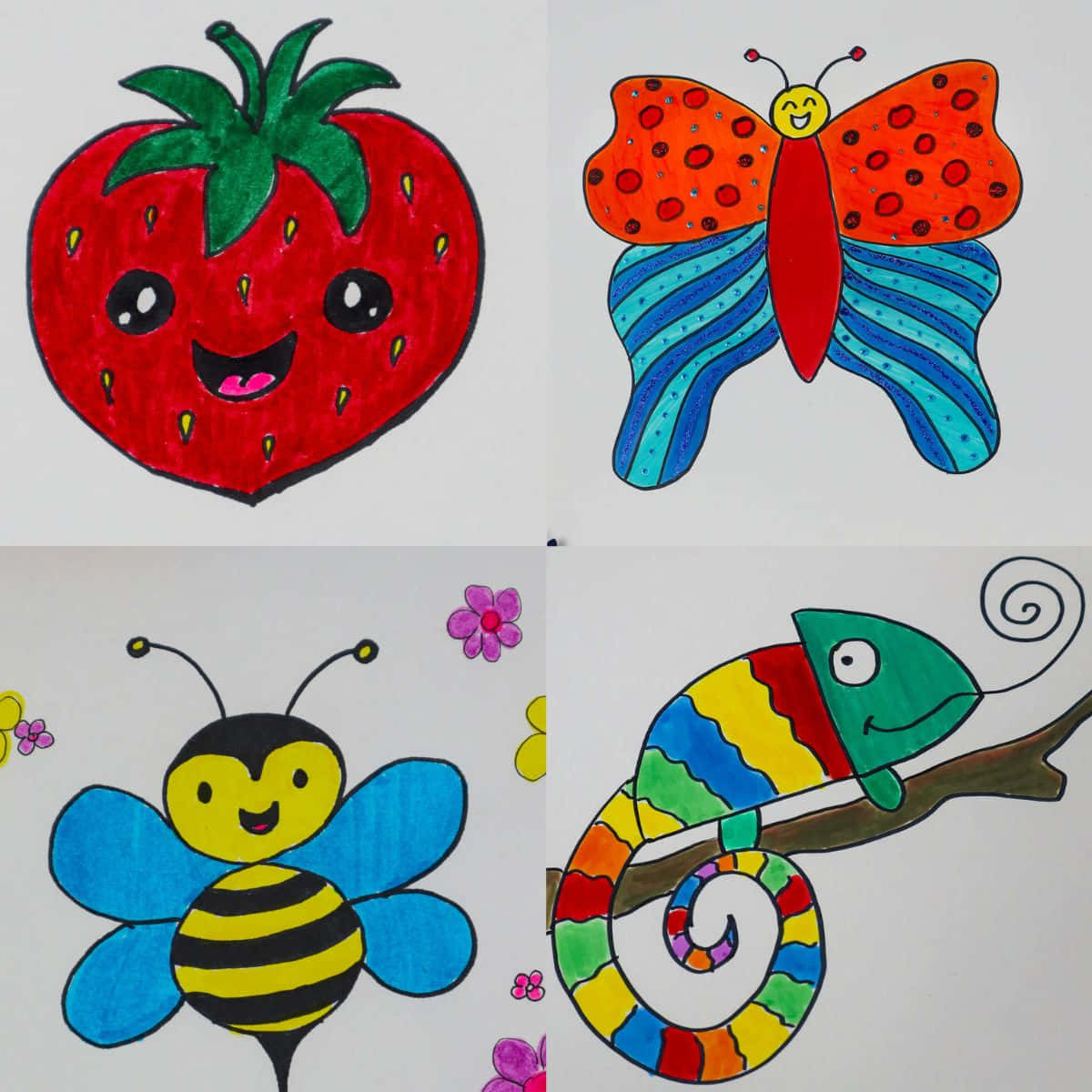 coloring 桌布 壁紙 — 四個色彩繽紛的卡通動物：微笑的草莓、蝴蝶、蜜蜂和變色龍，用粗線條和鮮豔的蠟筆顏色畫在白紙上。