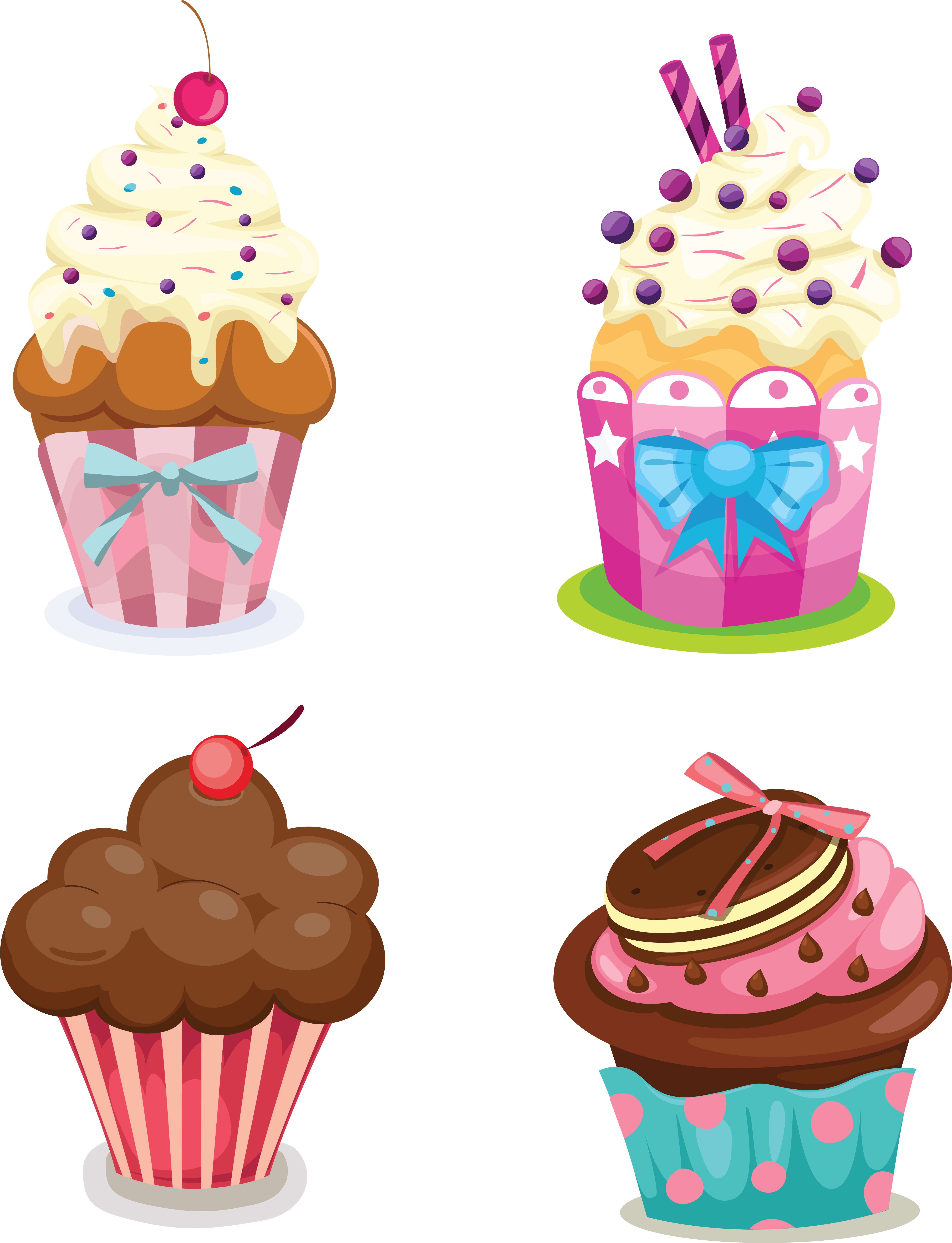 Desserts 桌布 壁紙 — 四個色彩繽紛的卡通杯子蛋糕，配有多種配料和蝴蝶結，背景為黑色。