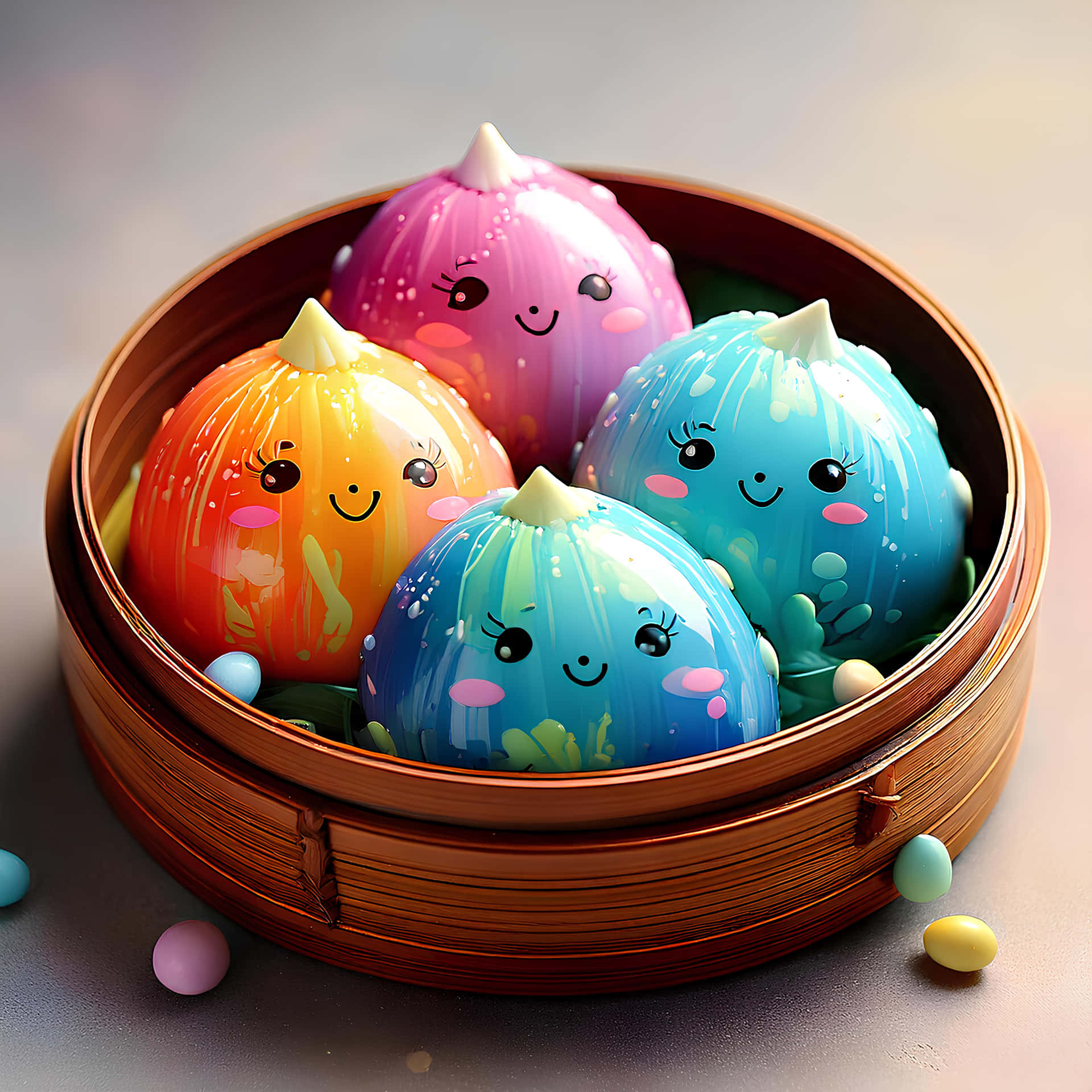 Cute eggs 壁紙 — 四個色彩繽紛的卡通洋蔥，面帶微笑，坐在一個木製蒸籠籃裡，周圍散落著糖果般的珠子。