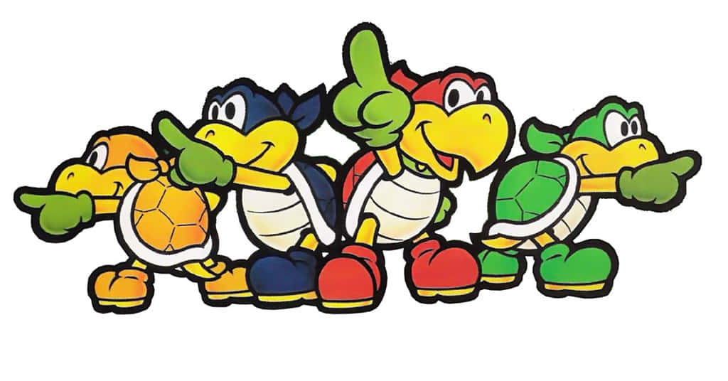 Koopa Troopa 桌布 壁紙 — 四個色彩繽紛的卡通烏龜角色，以粗線條和鮮豔色彩展現動態姿勢。