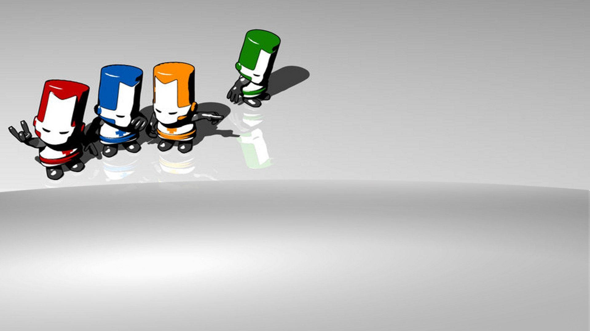 Castle Crashers 桌布 壁紙 — 四個色彩繽紛的卡通角色，頭部呈圓柱形，在極簡灰色表面上滾動，投下柔和陰影。