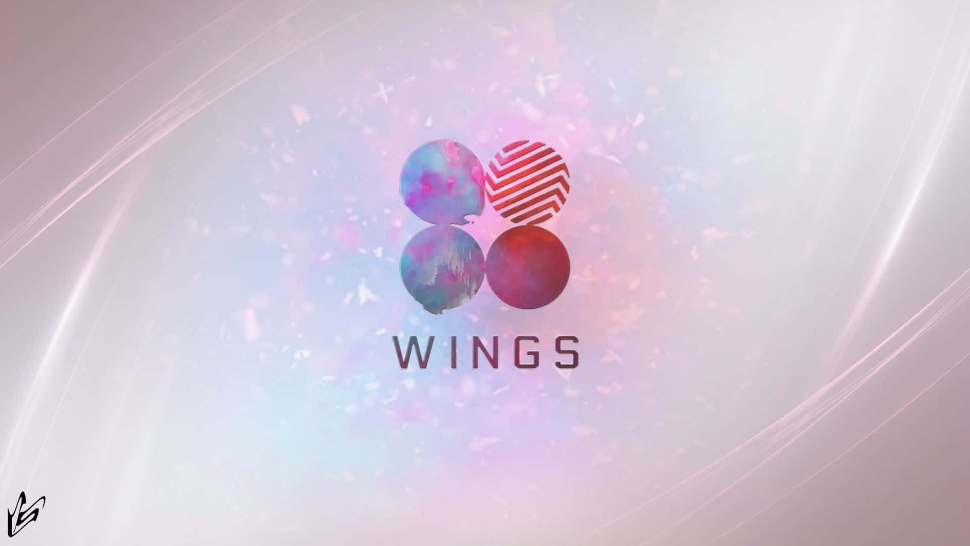 桌布 壁紙 — 四個色彩繽紛的圖案球體在發光抽象背景上於「WINGS」字樣上方形成標誌。
