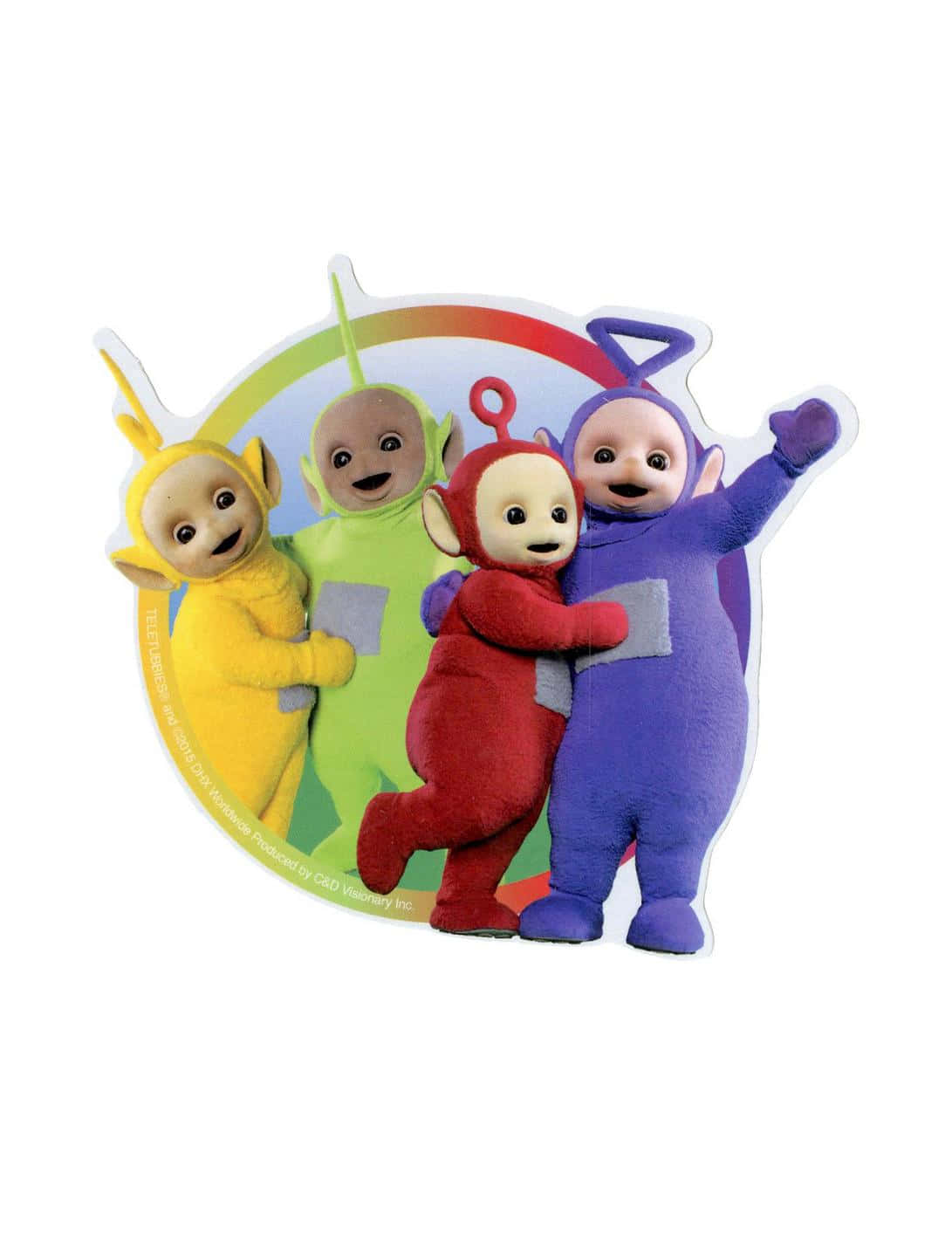 Teletubbies 桌布 壁紙 — 四個色彩繽紛的天線寶寶角色在彩虹弧背景下快樂地擁抱。