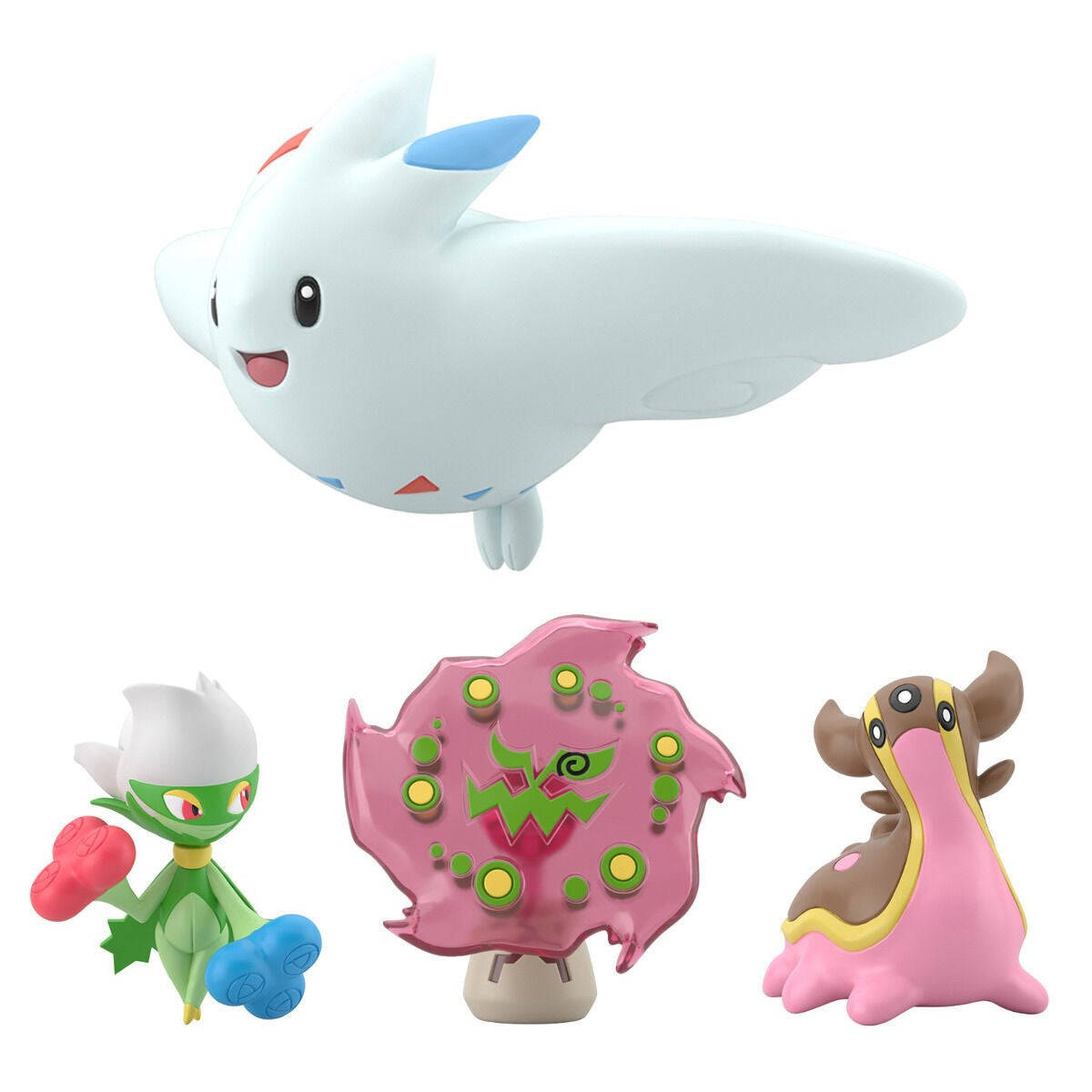 Togekiss 桌布 壁紙 — 四個色彩繽紛的寶可夢公仔，包括一隻白色飛行生物、一個綠色青蛙狀公仔、一個粉紅色蘑菇，以及一個粉紅色和棕色有角的生物。