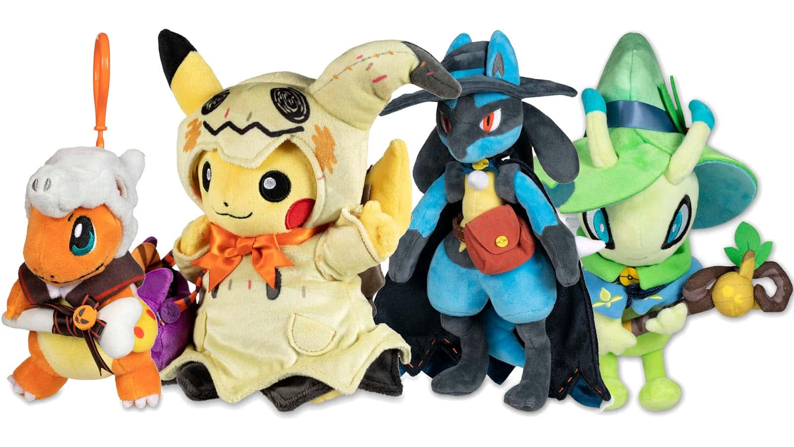 Pokemon Toys 桌布 壁紙 — 四個色彩繽紛的寶可夢絨毛玩具穿著主題服裝，在純白背景前一起擺姿勢。