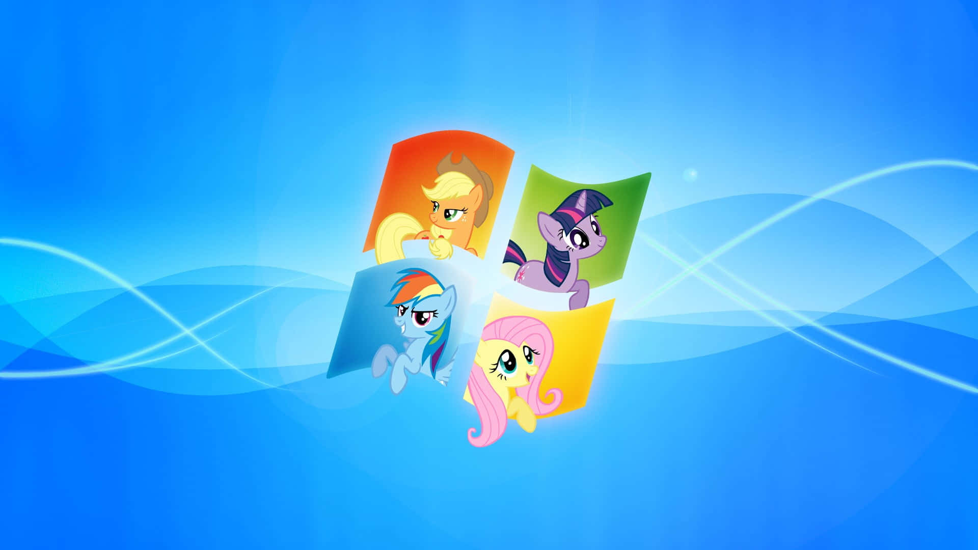 Mlp Phone 桌布 壁紙 — 四個色彩繽紛的小馬角色在發光的漸變背景上漂浮於充滿活力的藍色抽象波浪中。