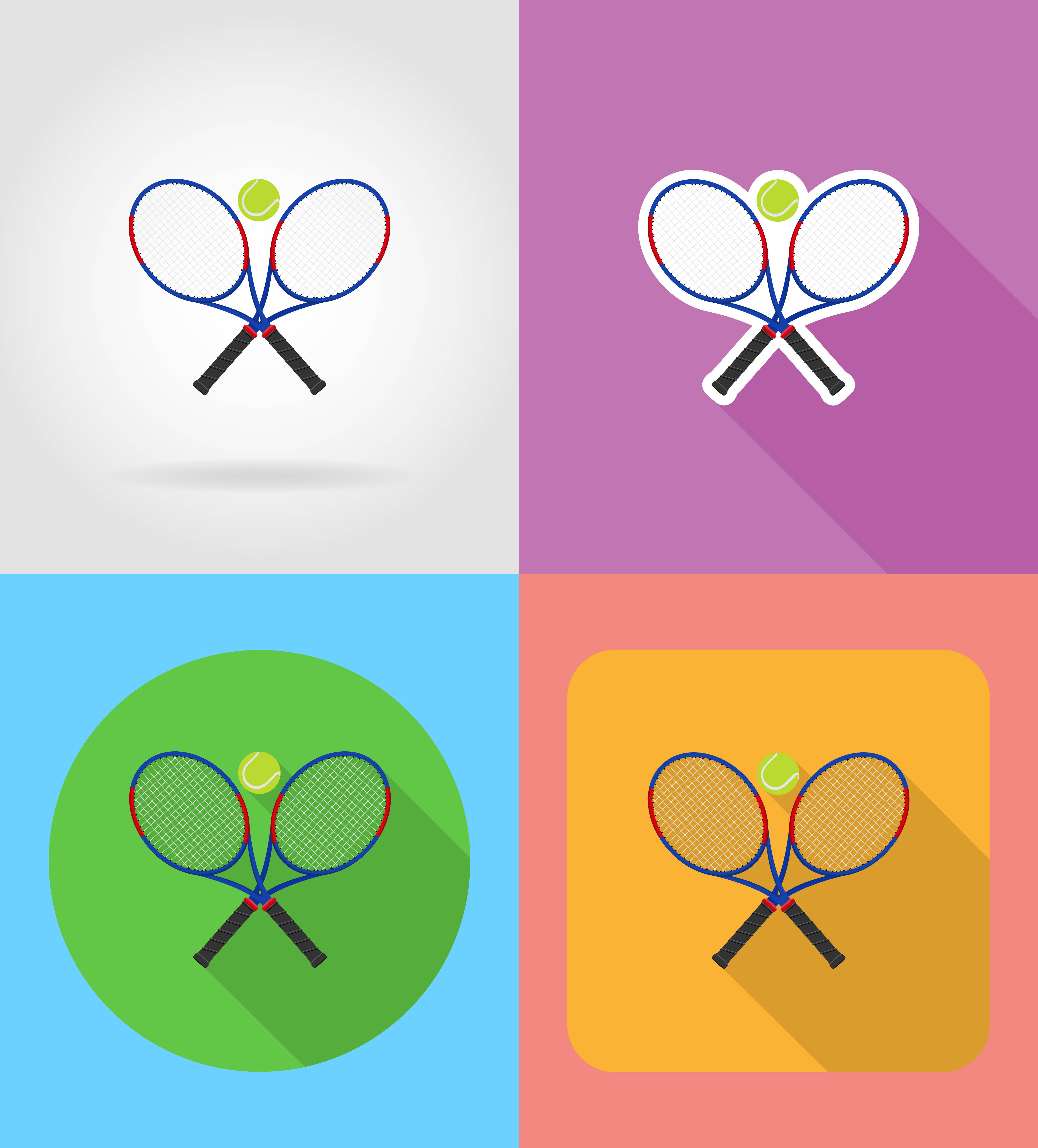 Tennis 桌布 壁紙 — 四個色彩繽紛的平面設計圖示，顯示交叉的網球拍和一個球，背景為粉彩色並帶有長陰影。