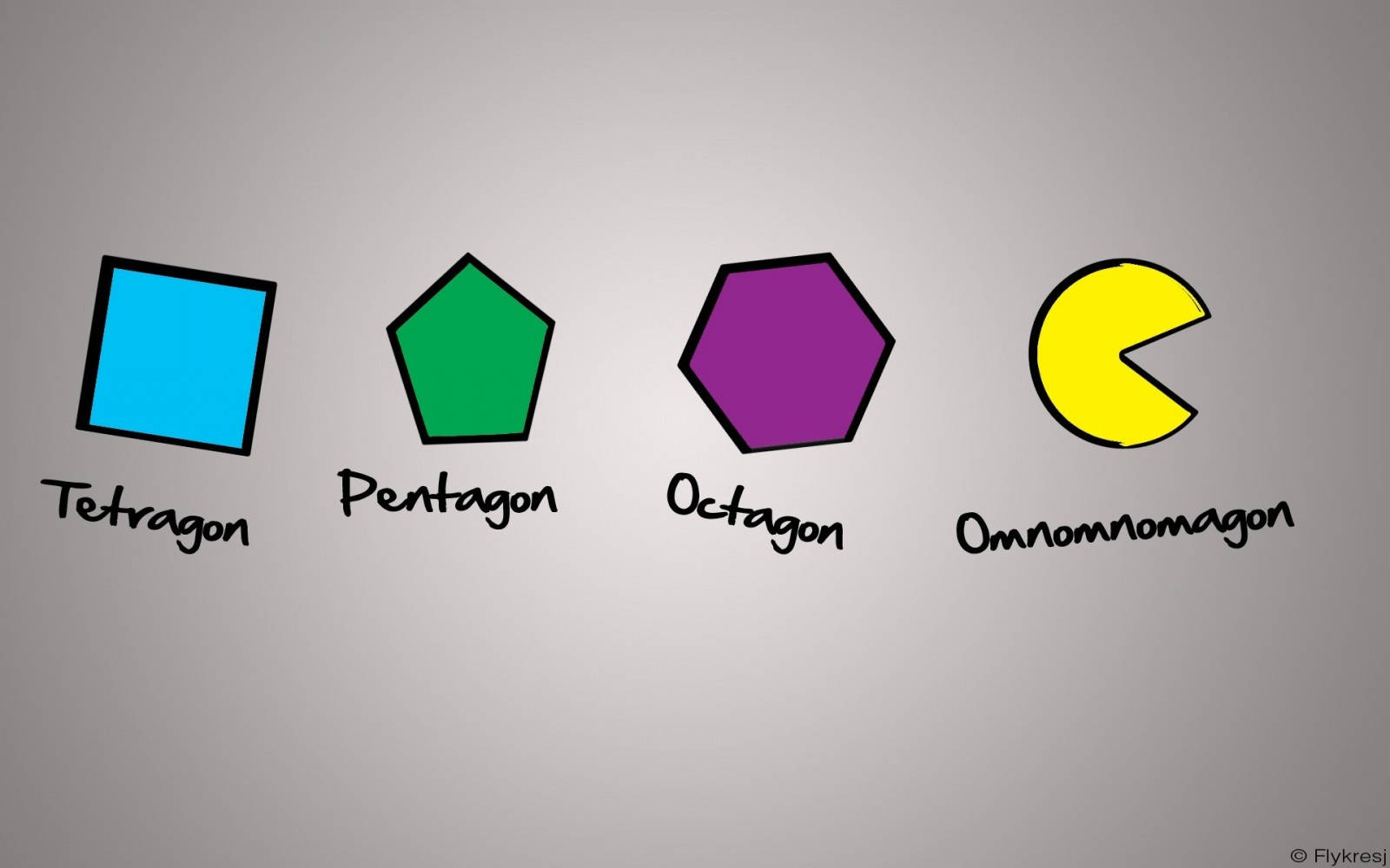 電玩遊戲 桌布 壁紙 — 四個色彩繽紛的幾何形狀，分別標示為 tetragon、pentagon、octagon 和 omnomnomagon，背景為灰色漸變。