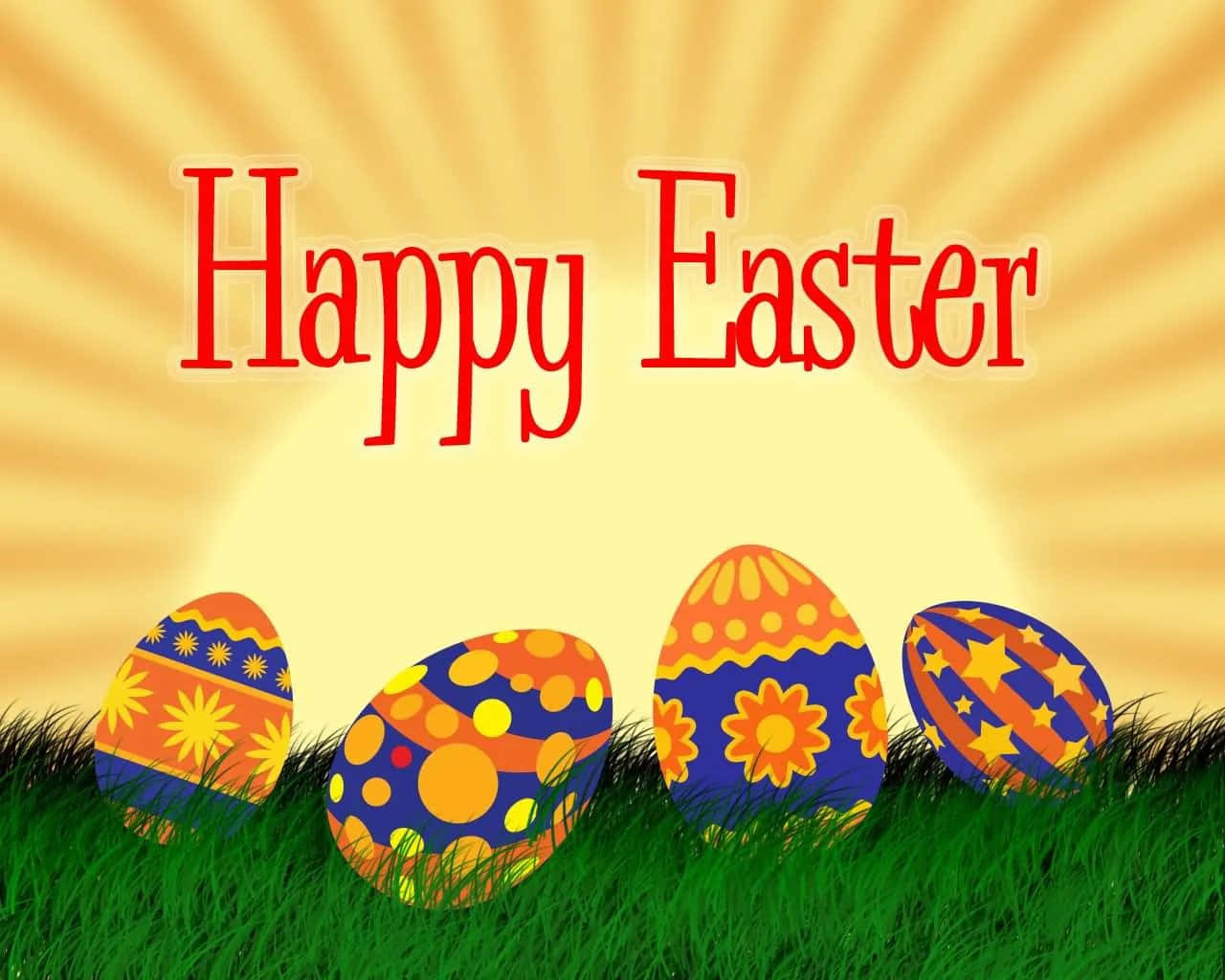 Happy Easter 桌布 壁紙 — 四個色彩繽紛的復活節彩蛋放在綠色草地上，下方有燦爛的陽光和'Happy Easter'文字。