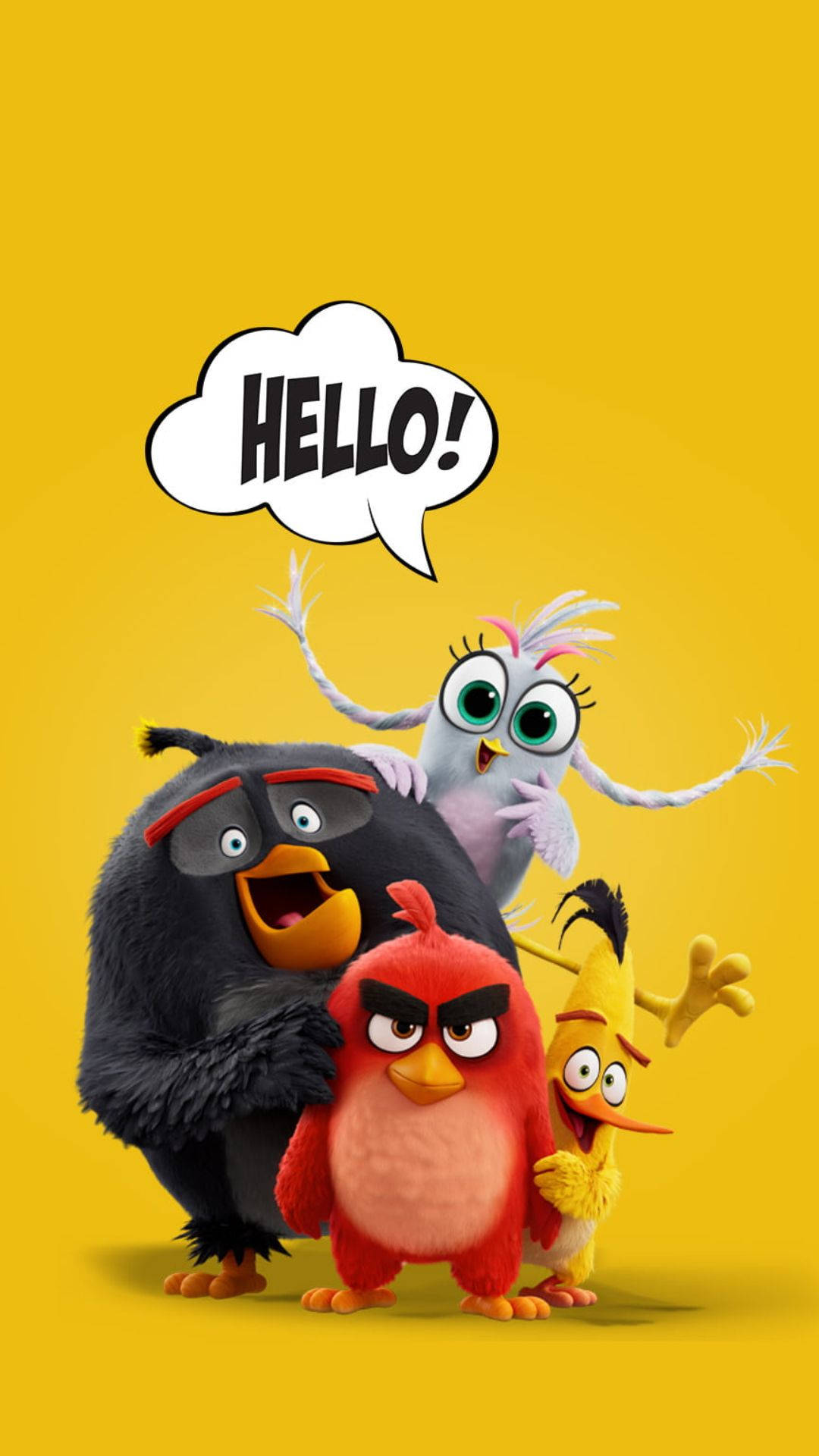Cartoon Characters 桌布 壁紙 — 四個色彩繽紛的憤怒鳥角色在純黃色背景前愉快地擺姿勢，並附有對話框說你好。
