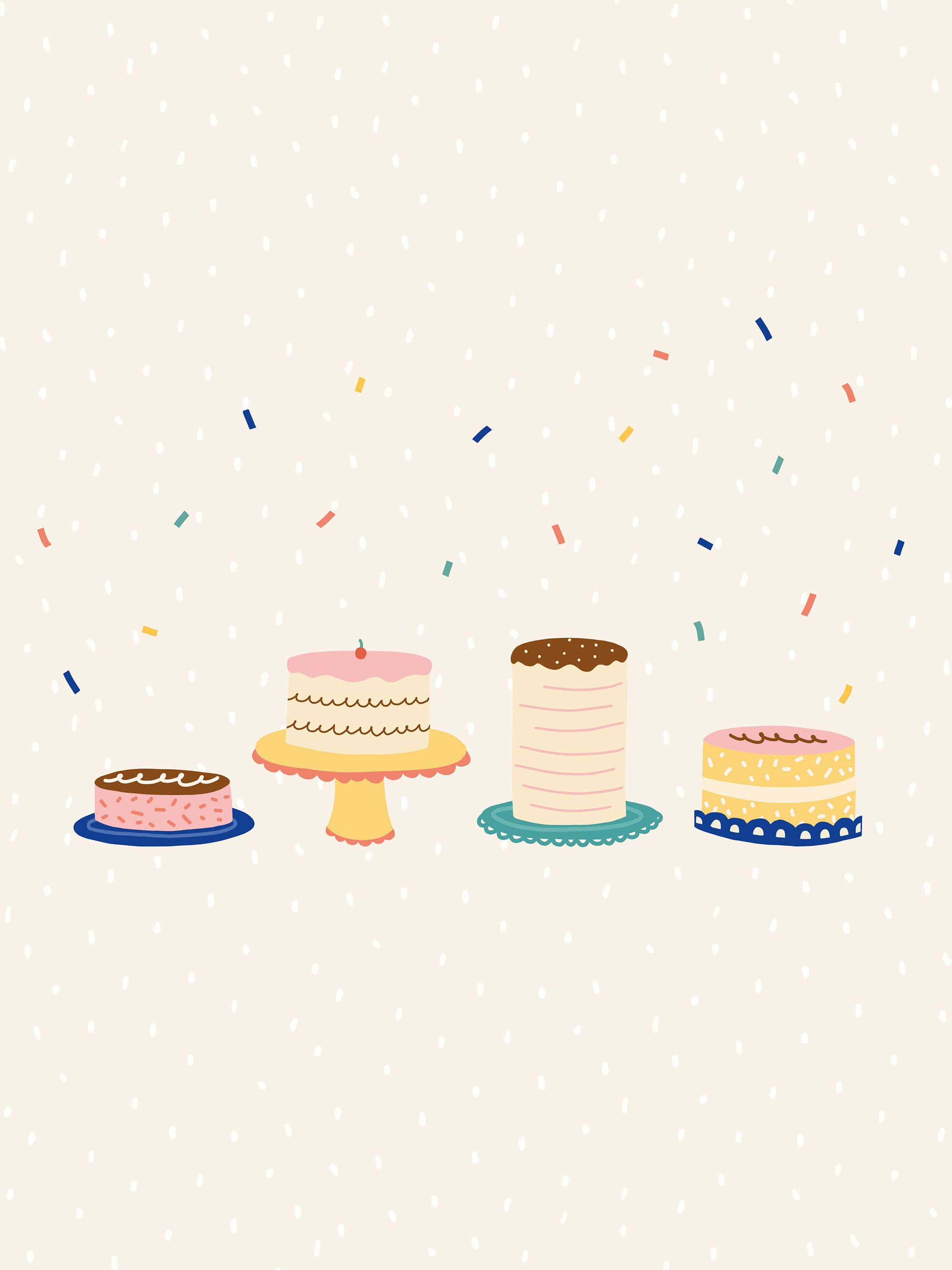 Cakes 桌布 壁紙 — 四個色彩繽紛的插圖蛋糕，上面有糖粒和五彩紙屑，漂浮在帶點點的奶油色背景上。