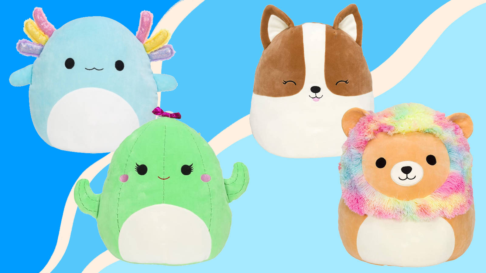 四個色彩繽紛的毛絨玩具，帶有動物臉孔和彩虹點綴，藍色背景。 — Squishmallows 壁紙