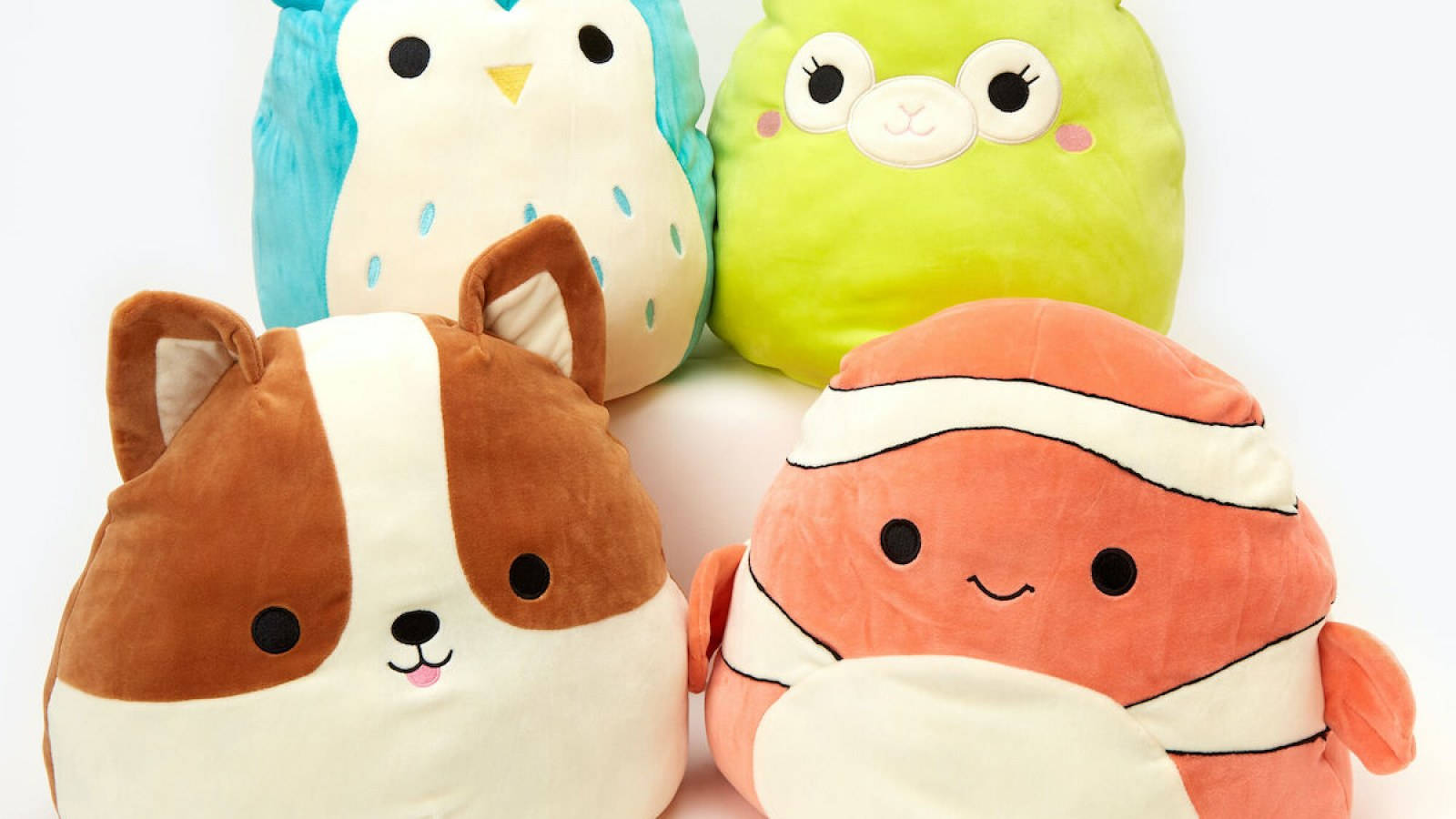 四個可愛的毛絨玩具，形狀像狗、貓頭鷹、熊和小丑魚。 — Squishmallows 壁紙
