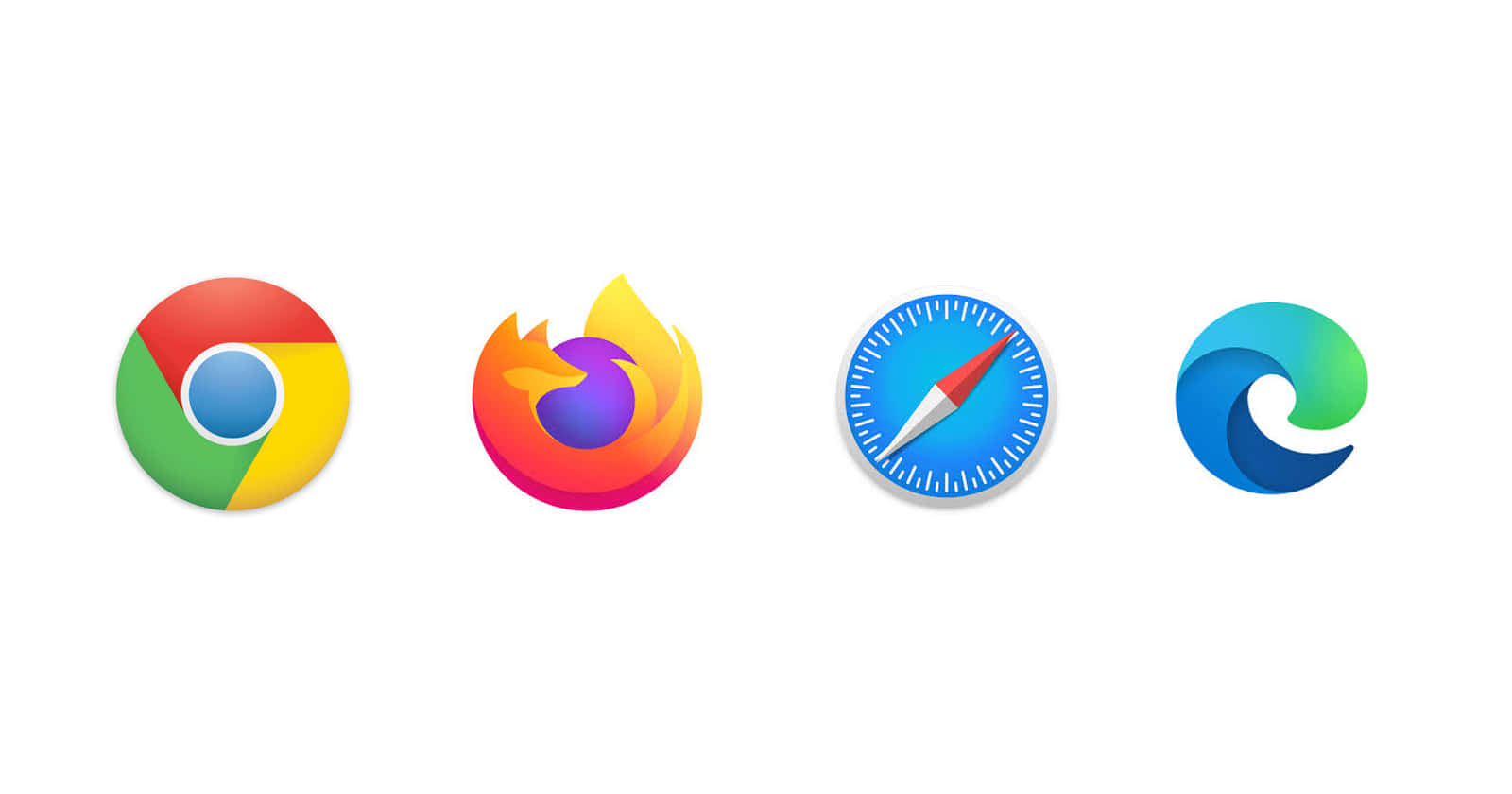 Chrome 桌布 壁紙 — 四個色彩繽紛的瀏覽器標誌並排顯示在純白色背景上。