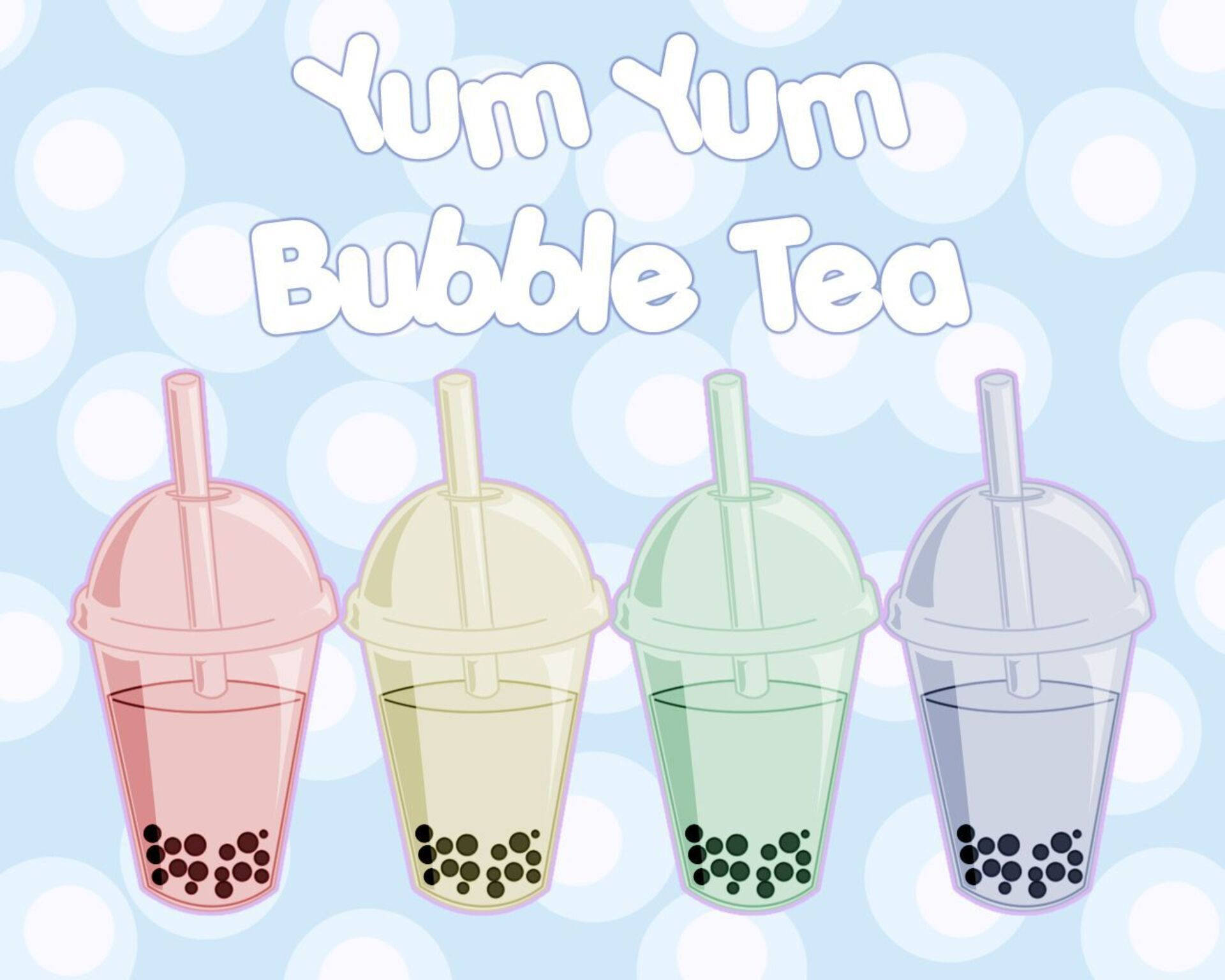Bubble 桌布 壁紙 — 四個色彩繽紛的珍珠奶茶杯，附有吸管和珍珠，放在淺藍色圓點背景上，上方有「Yum Yum Bubble Tea」文字。
