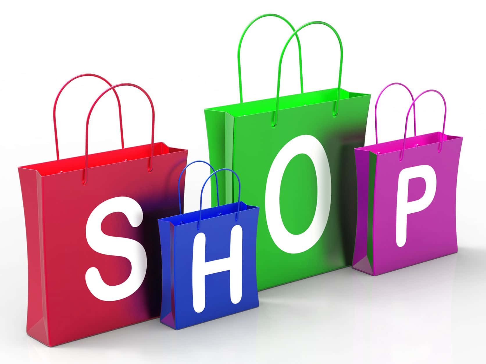 Shopping 桌布 壁紙 — 四個色彩繽紛的購物袋在潔白背景上以粗體白色字母拼出SHOP。