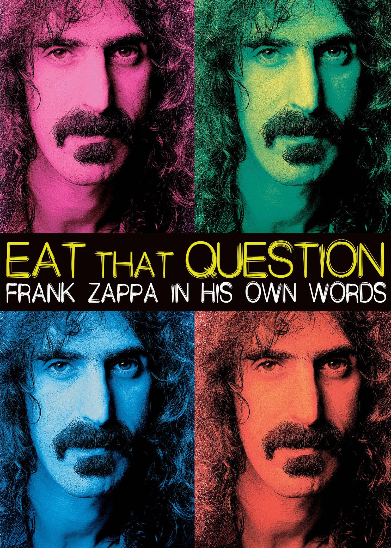 Zappa 桌布 壁紙 — 四個色彩鮮豔的法蘭克·薩帕肖像從書封的四個象限中強烈凝視。