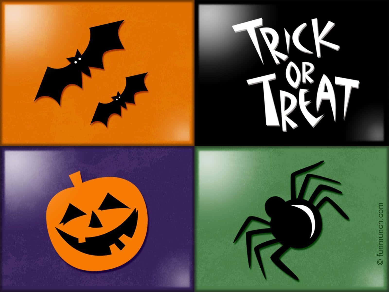 Trick Or Treat 桌布 壁紙 — 四個萬聖節主題面板展示蝙蝠、南瓜燈、蜘蛛和 trick or treat 文字，以粗體剪影形式呈現，背景為鮮豔的橙色、紫色、綠色和黑色。