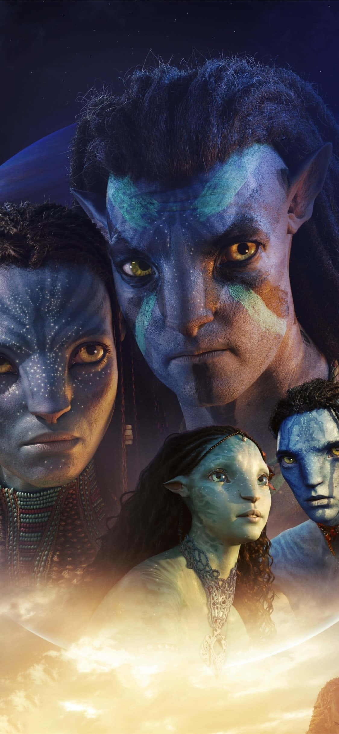 Avatar Pandora 桌布 壁紙 — 四個藍皮膚、眼睛發光的納美人角色，在發光行星的宇宙背景下莊嚴地凝視。