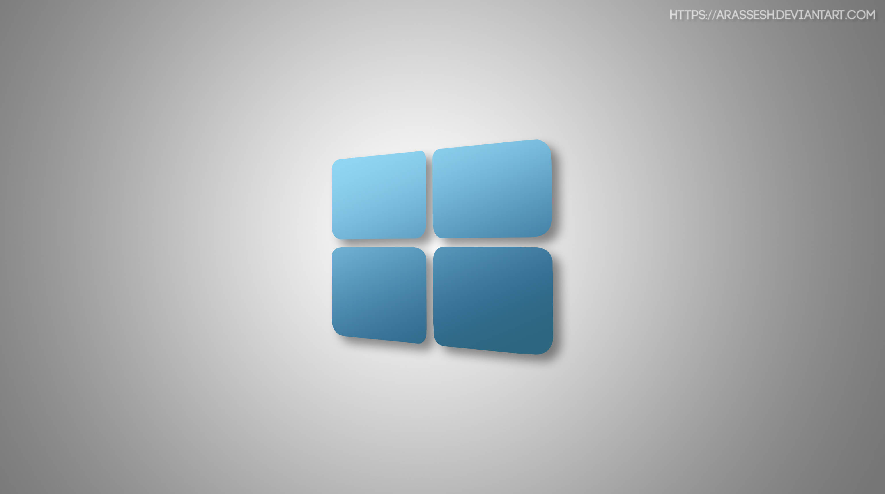 Windows 10 高畫質 桌布 壁紙 — 四個藍色漸變正方形排列成視窗標誌，背景為柔和的灰色漸變。