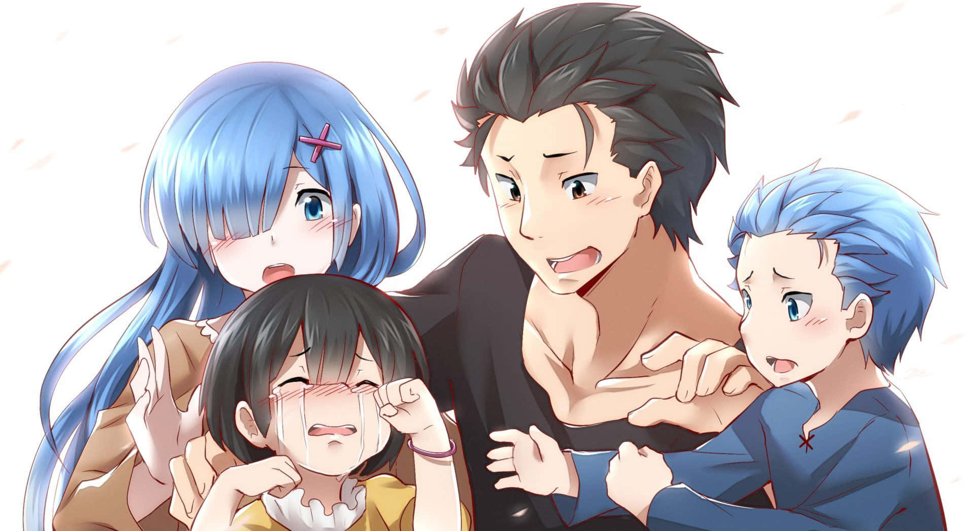 Subaru Natsuki 桌布 壁紙 — 四個藍色頭髮、表情豐富的動漫角色在明亮感人的場景中擠在一起。