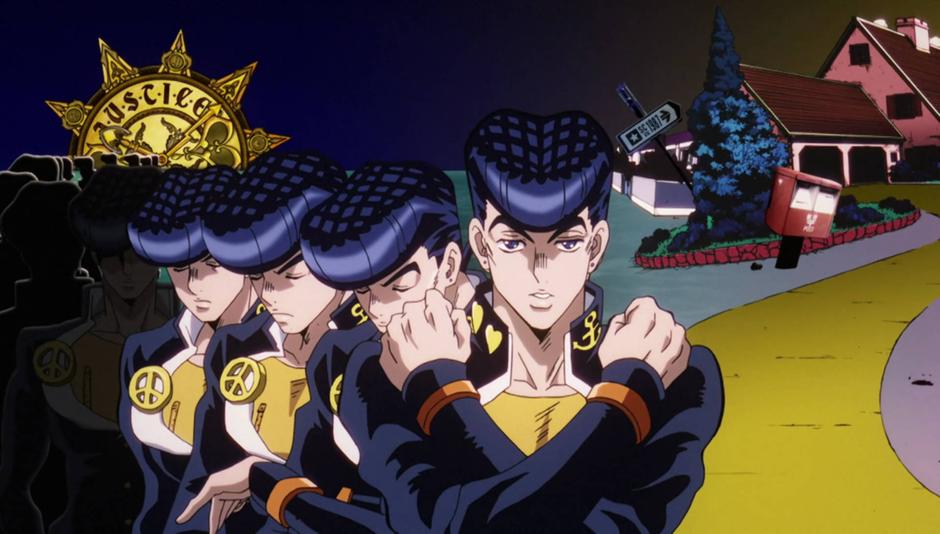 Josuke 桌布 壁紙 — 四個藍色頭髮和黃色點綴的動漫角色站在郊區街道上，上方是帶有金色太陽標誌的黑暗天空。