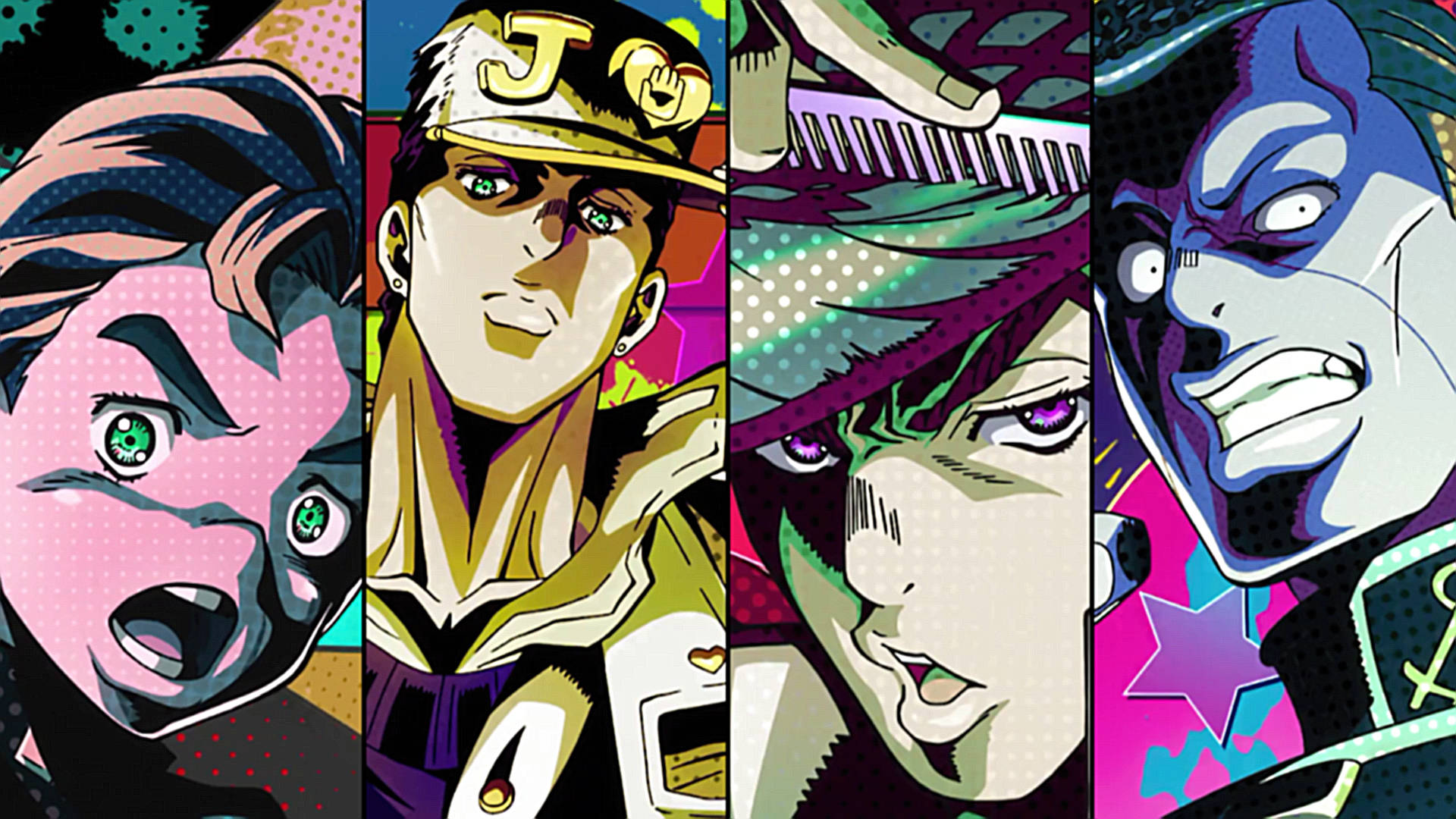 Jojo 桌布 壁紙 — 四個表情強烈的動漫角色，搭配鮮豔的普普藝術背景，以大膽的漫畫風格呈現。