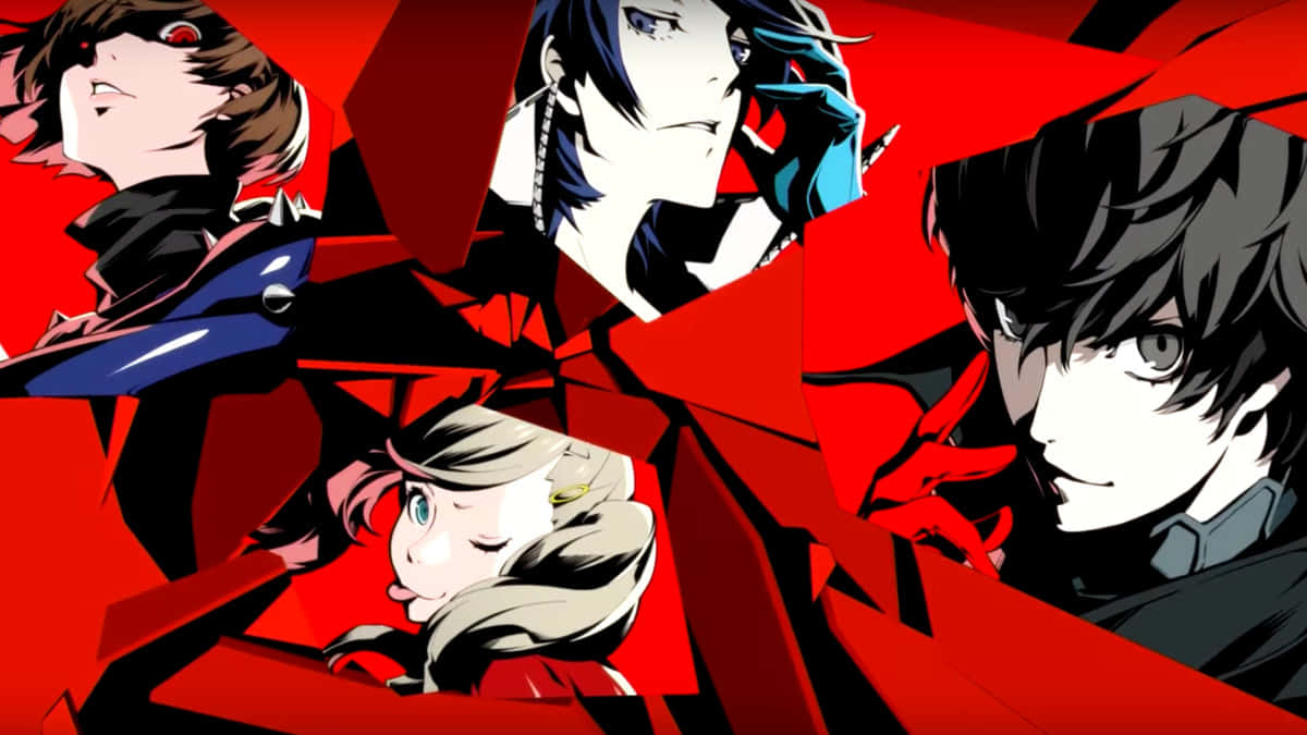Persona 5 桌布 壁紙 — 四個表情強烈的動漫角色從破碎的紅色背景中戲劇性地浮現。