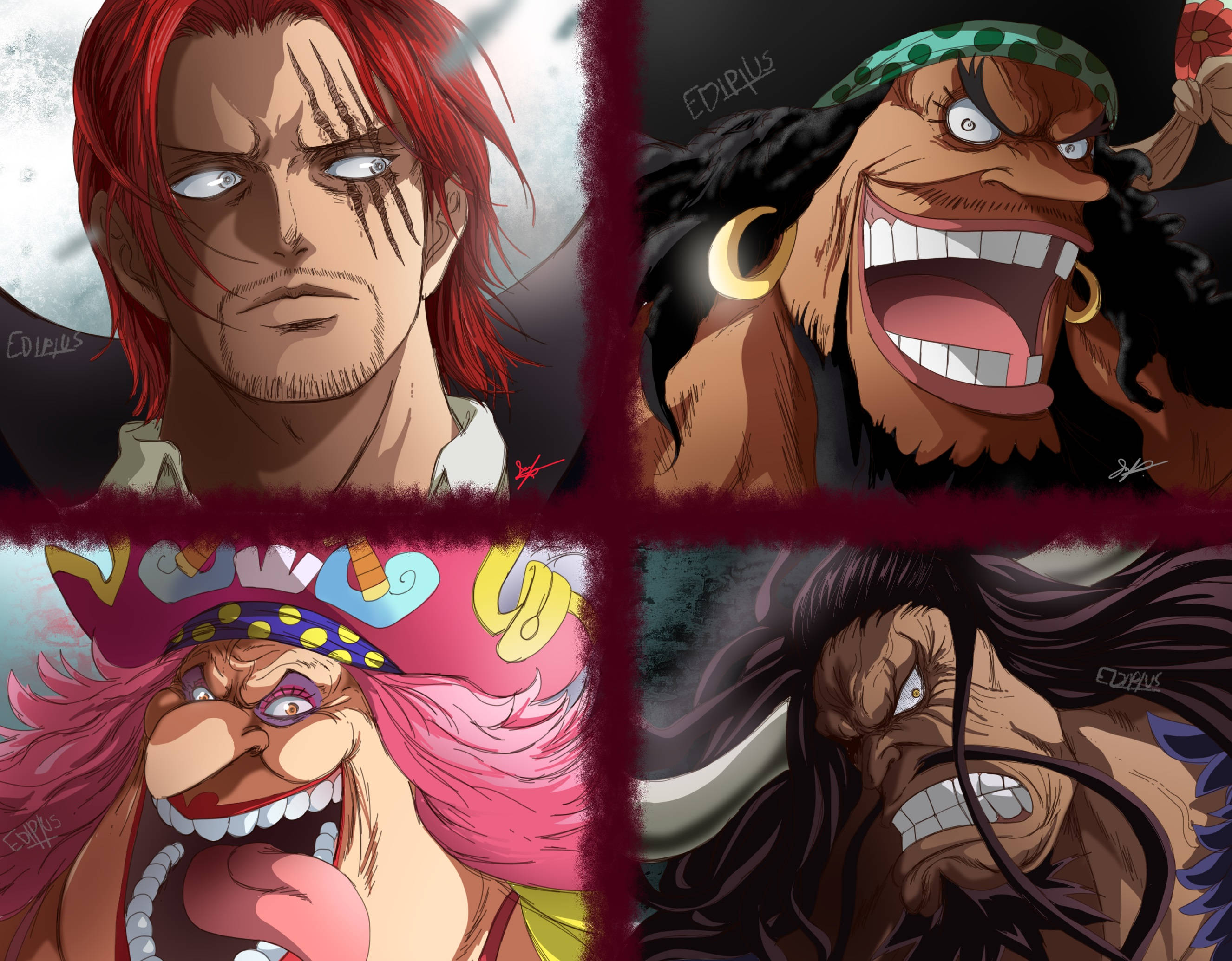 Shanks 桌布 壁紙 — 四個表情誇張、色彩鮮豔的漫畫風格動漫角色。
