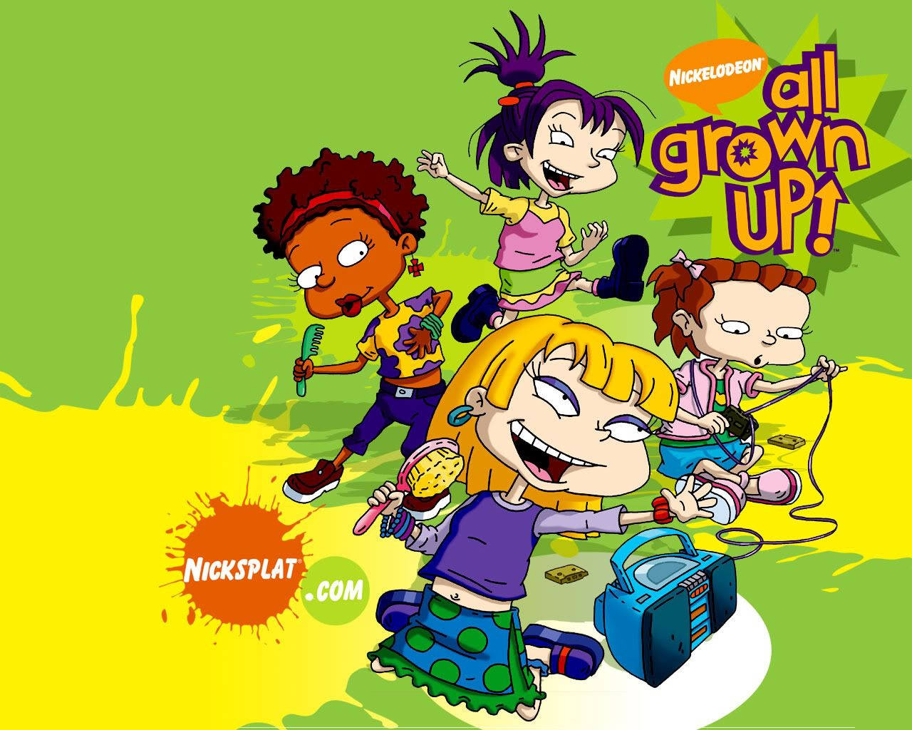 rugrats 桌布 壁紙 — 四個表情誇張、衣著色彩繽紛的動畫小孩在明亮的綠色和黃色背景前充滿活力地玩耍。