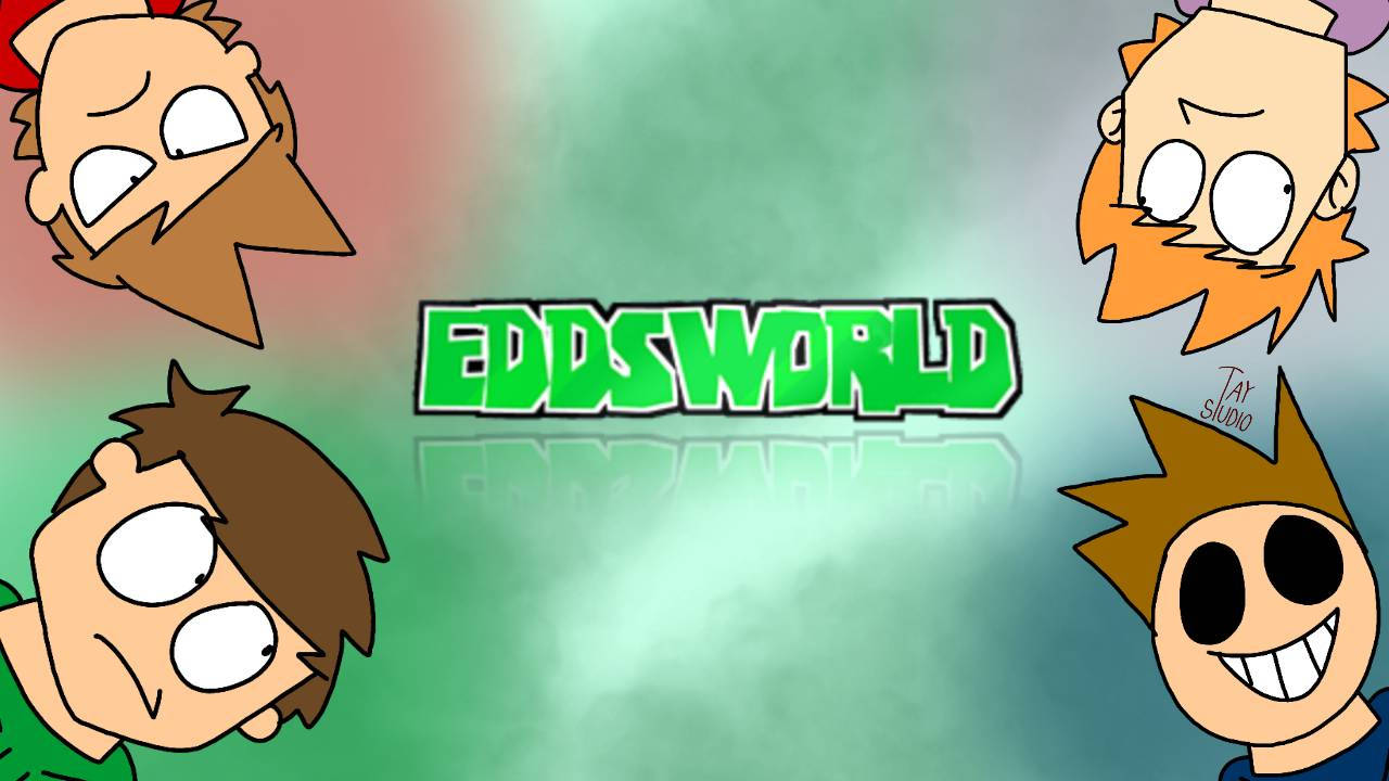 Eddsworld 桌布 壁紙 — 四個表情誇張的卡通角色圍繞著漸變背景上的綠色 'EDDSWORLD' 標誌。