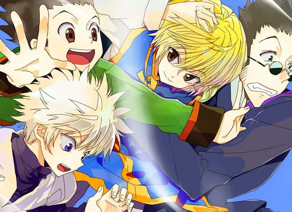 Gon And Killua 桌布 壁紙 — 四個表情豐富、姿勢動感的動漫角色，在一個充滿活力和動作的構圖中衝出框架。