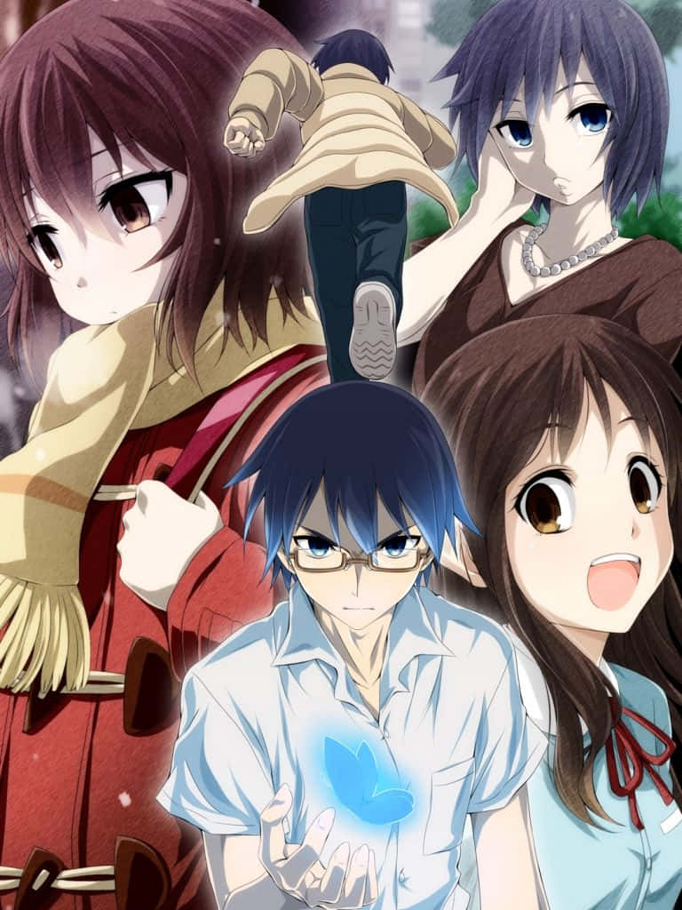 Erased 桌布 壁紙 — 四個表情豐富、穿著各異的動漫角色在模糊背景前動態擺姿勢。